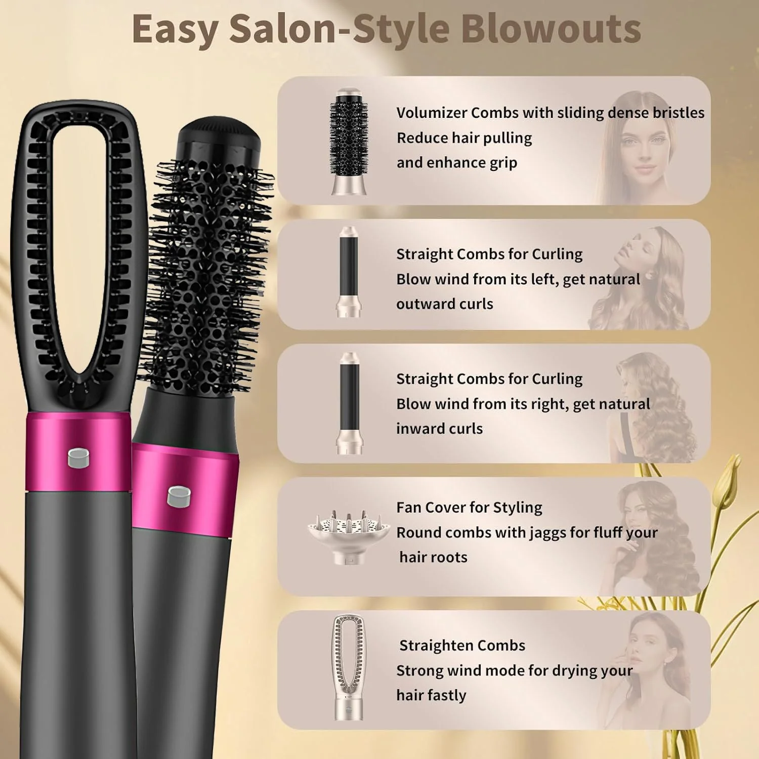 5 in 1 Hair Dryer Brush Kit, Blow Dryer Brush for Drying, Straightening, Volumizing, Curling and Styling Hair - 1000W - Gold - Image 6