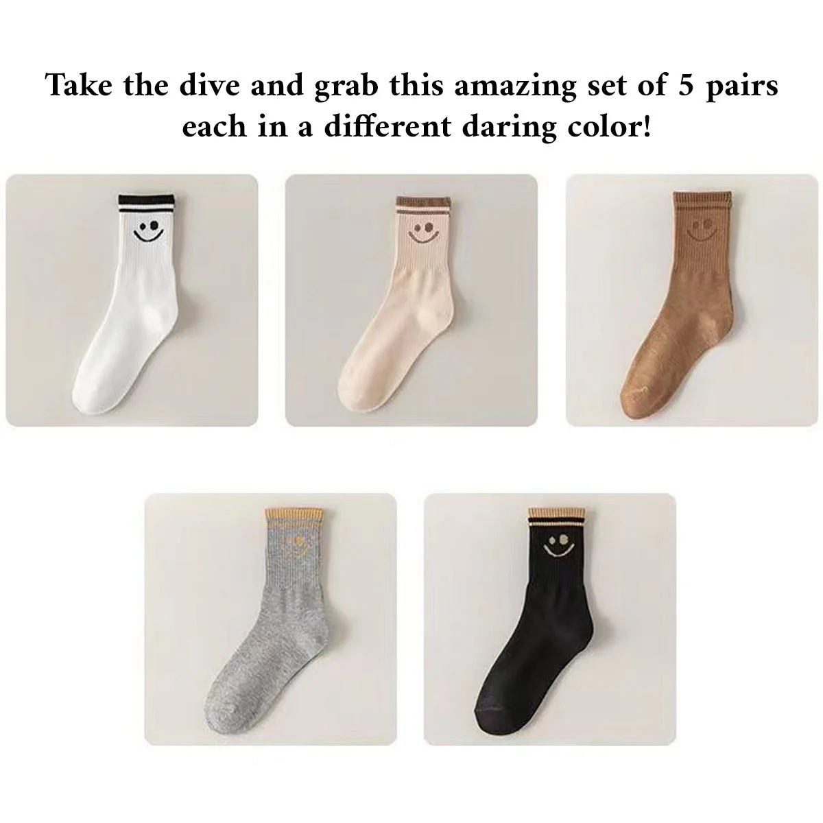 5 Pairs Smiley Face Crew Socks – Cute Cotton Socks for Women - Image 10