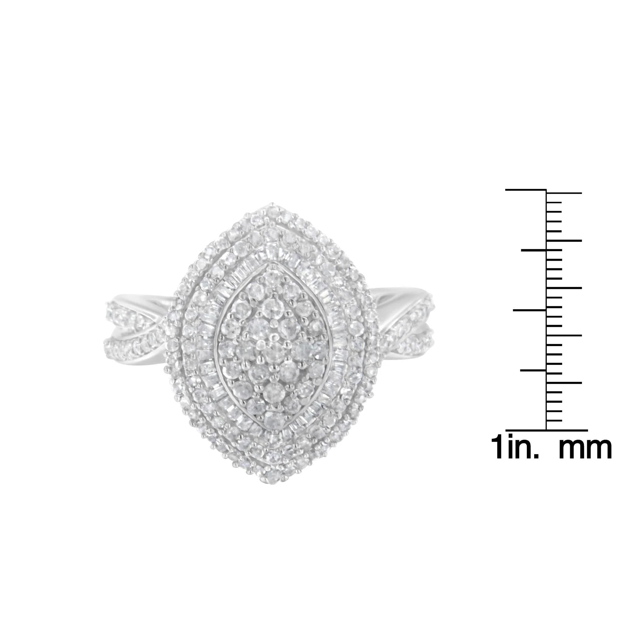 .925 Sterling Silver 1.0 Cttw Round & Baguette-Cut Diamond Marquise-Shaped Cluster Triple Stepped Halo Cocktail Fashion Ring (I-J Color, I2-I3 Clarity) - Image 7