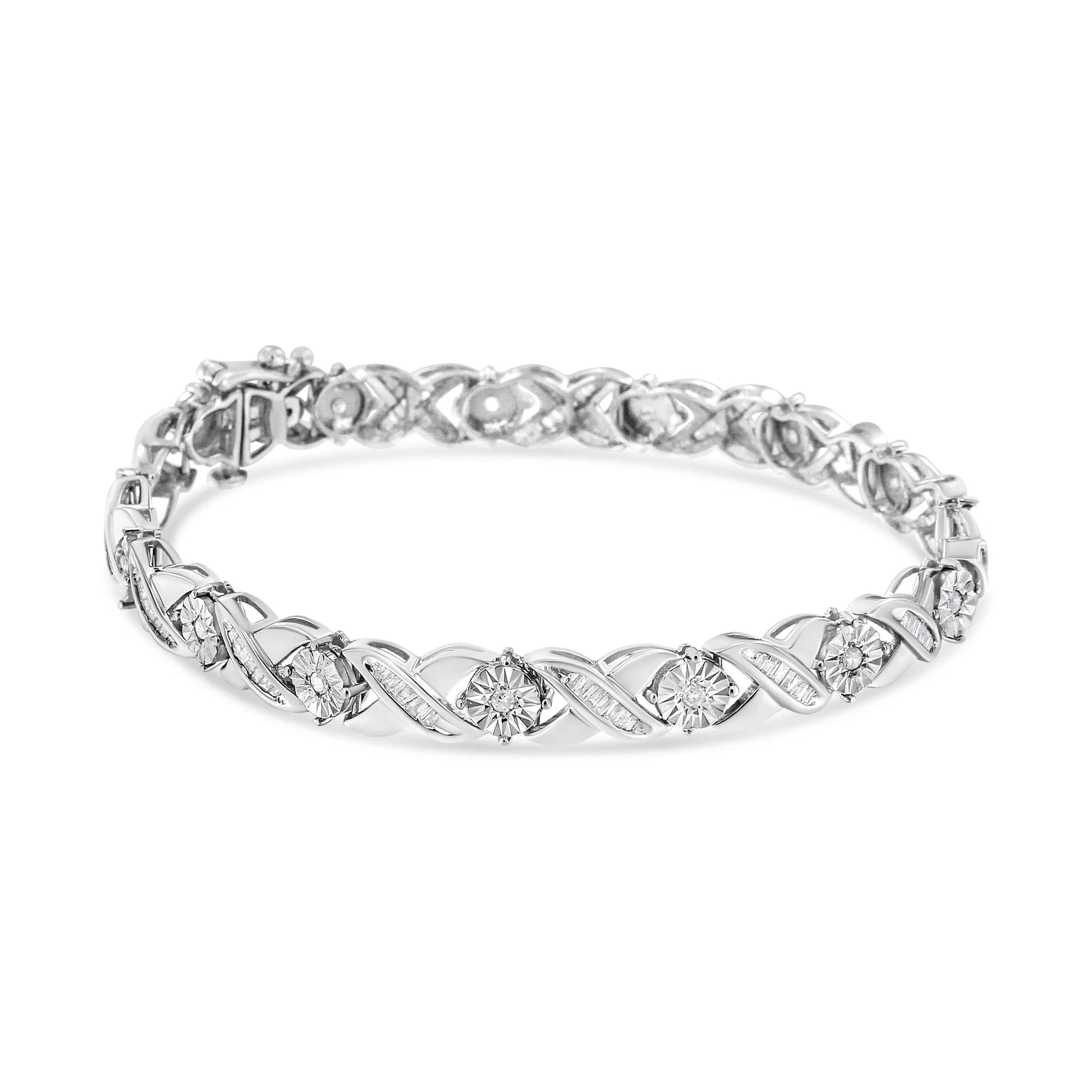 .925 Sterling Silver 1.0 Cttw Round-Brilliant and Baguette Cut Diamond Miracle-Set X-Link 7" Tennis Bracelet (I-J Color, I2-I3 Clarity) - Image 2