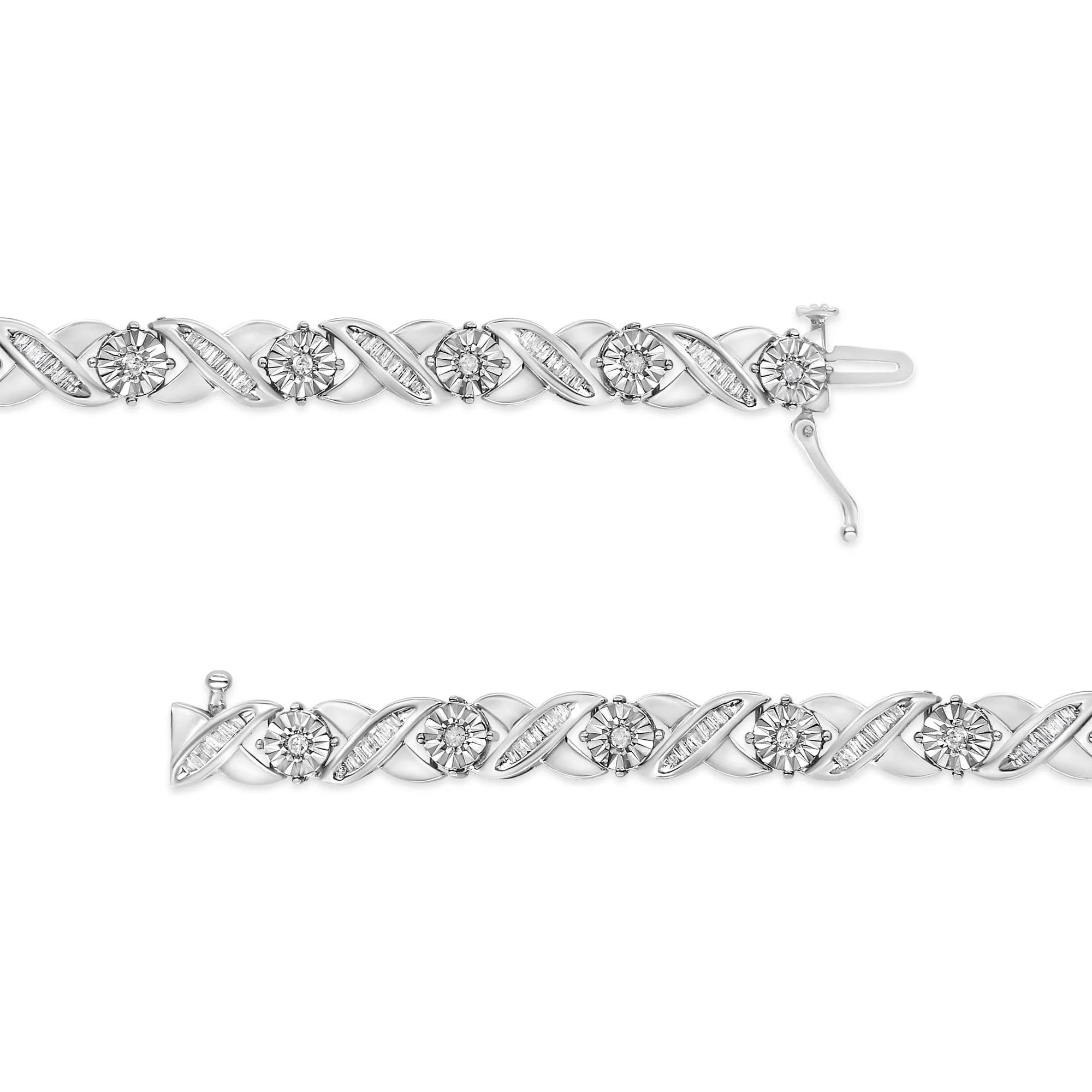 .925 Sterling Silver 1.0 Cttw Round-Brilliant and Baguette Cut Diamond Miracle-Set X-Link 7" Tennis Bracelet (I-J Color, I2-I3 Clarity) - Image 4