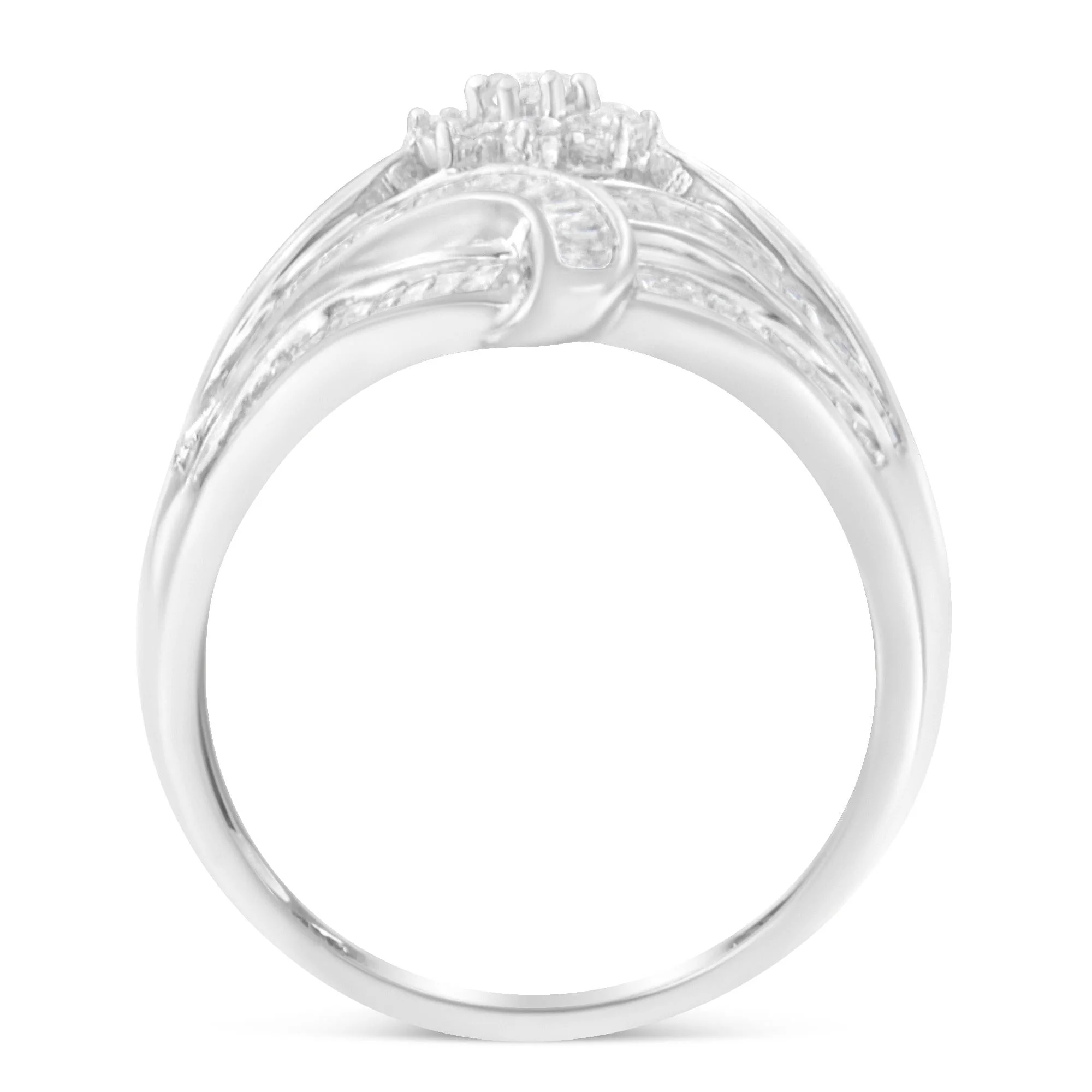 .925 Sterling Silver 1-1/8 Cttw Round & Baguette Diamond 'Flower & Fern' Cluster Cocktail Fashion Ring (I-J Color, I2-I3 Clarity) - Image 2