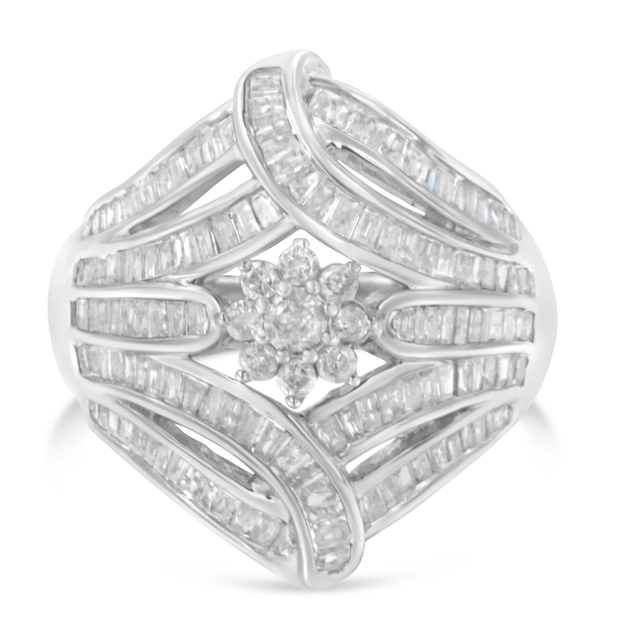 .925 Sterling Silver 1-1/8 Cttw Round & Baguette Diamond 'Flower & Fern' Cluster Cocktail Fashion Ring (I-J Color, I2-I3 Clarity) - Image 4