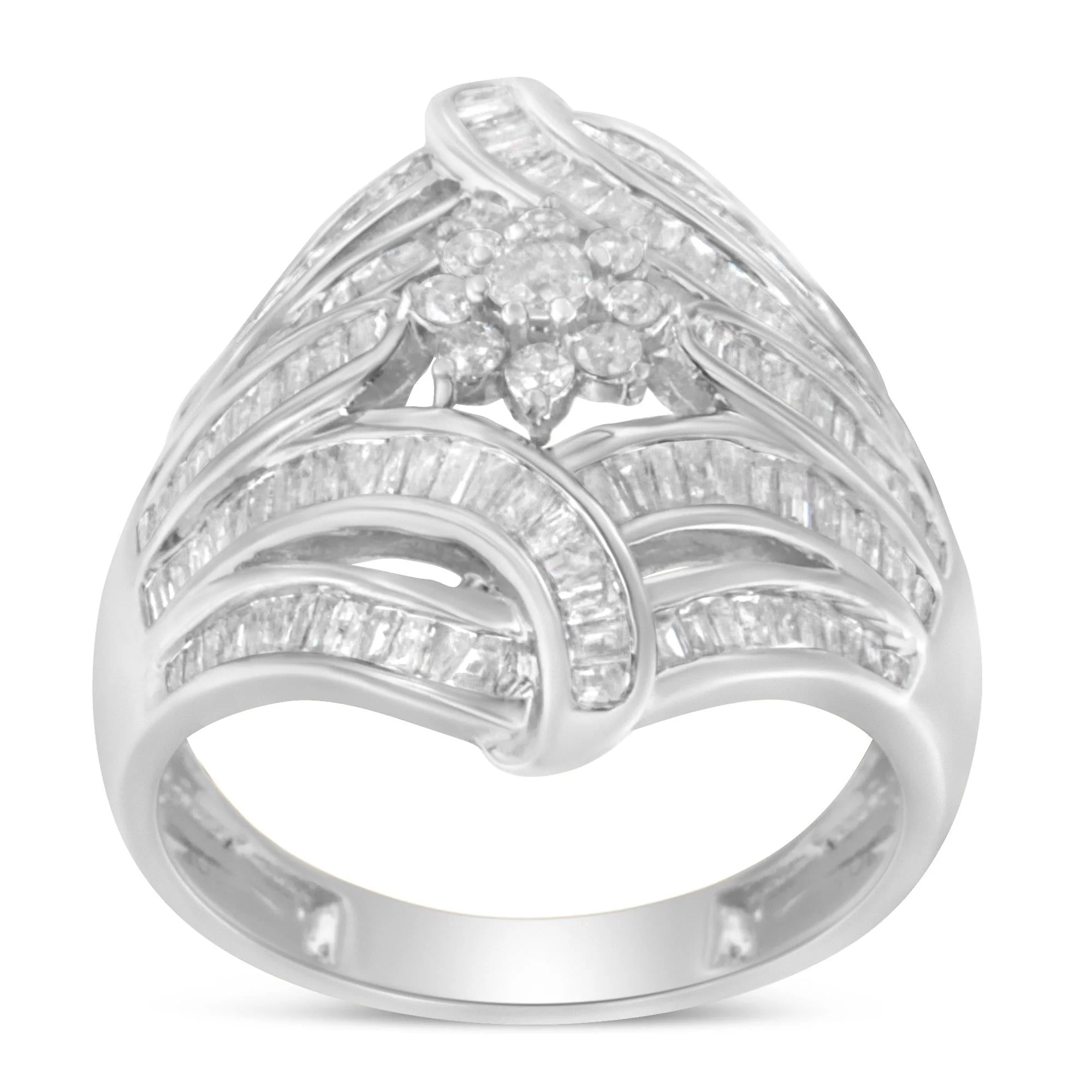.925 Sterling Silver 1-1/8 Cttw Round & Baguette Diamond 'Flower & Fern' Cluster Cocktail Fashion Ring (I-J Color, I2-I3 Clarity) - Image 5