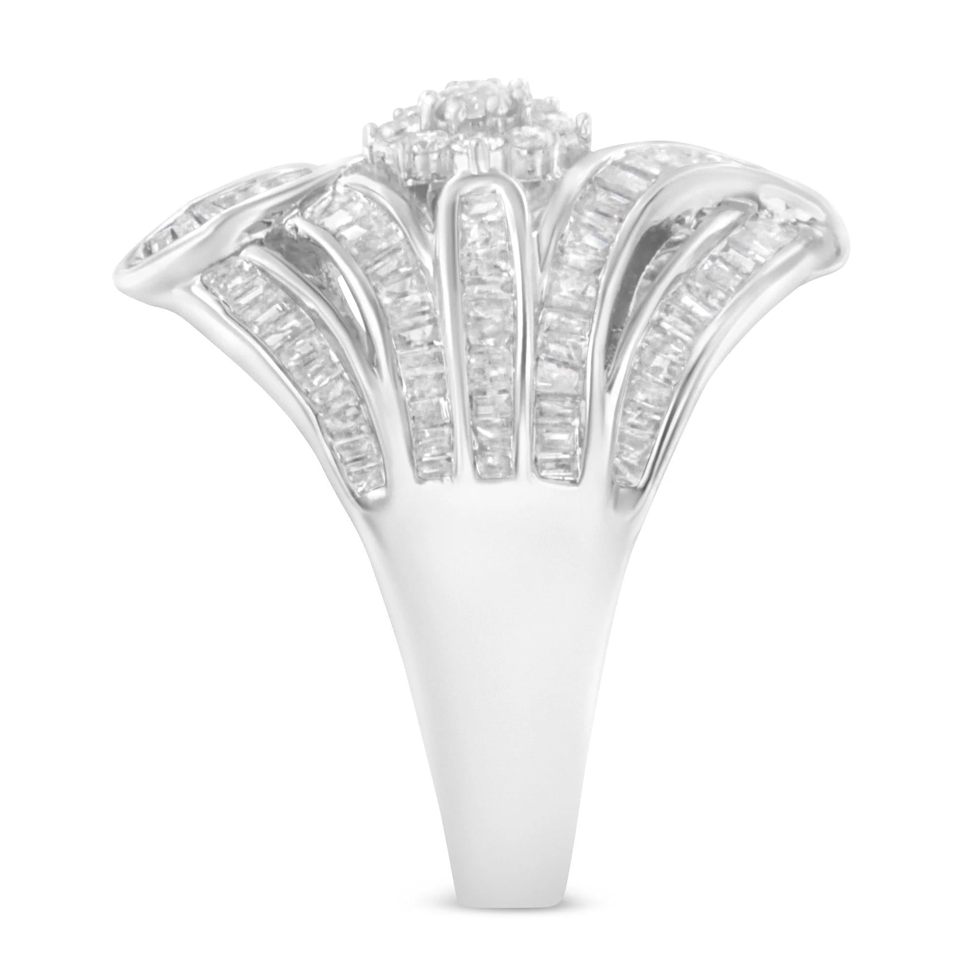 .925 Sterling Silver 1-1/8 Cttw Round & Baguette Diamond 'Flower & Fern' Cluster Cocktail Fashion Ring (I-J Color, I2-I3 Clarity) - Image 6