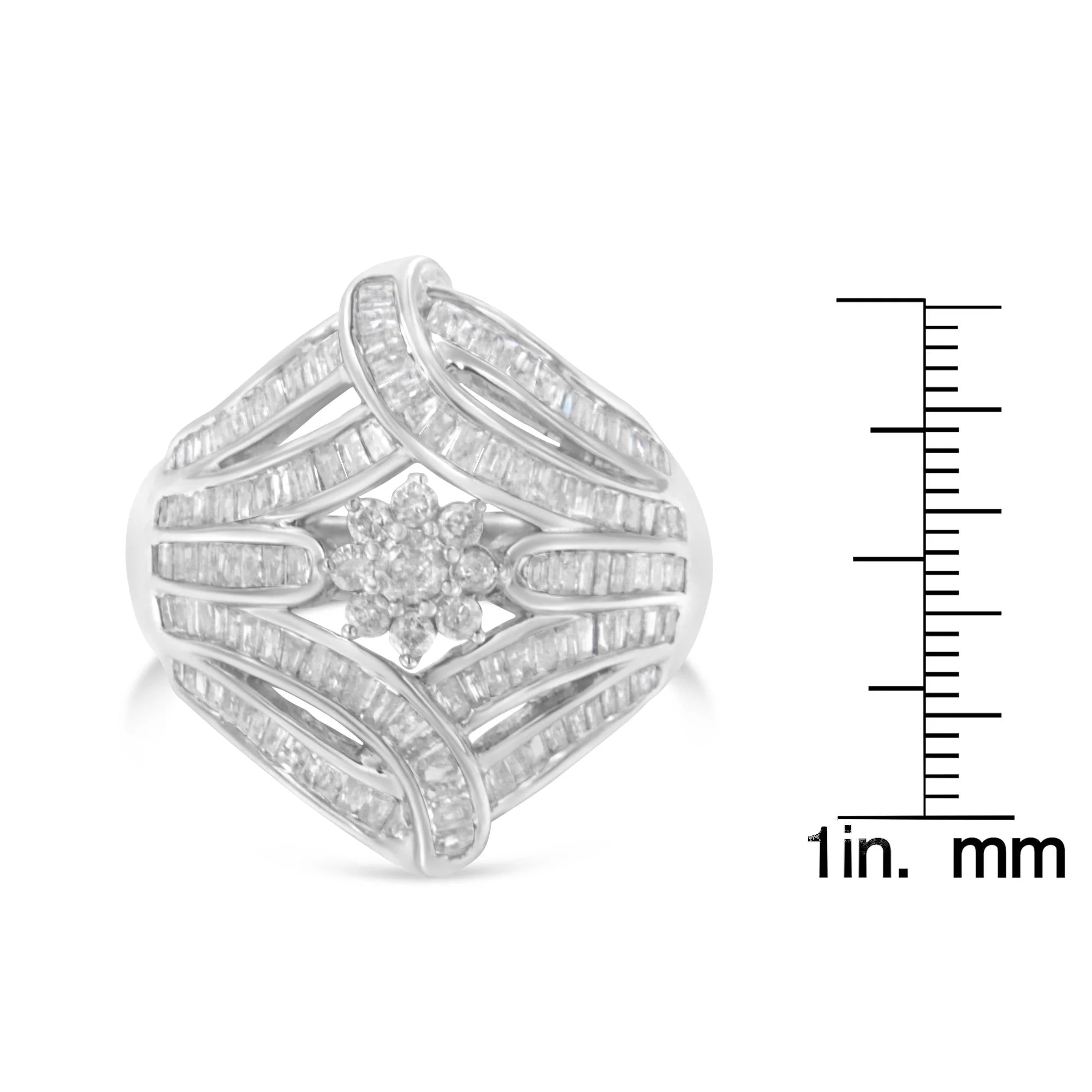 .925 Sterling Silver 1-1/8 Cttw Round & Baguette Diamond 'Flower & Fern' Cluster Cocktail Fashion Ring (I-J Color, I2-I3 Clarity) - Image 7