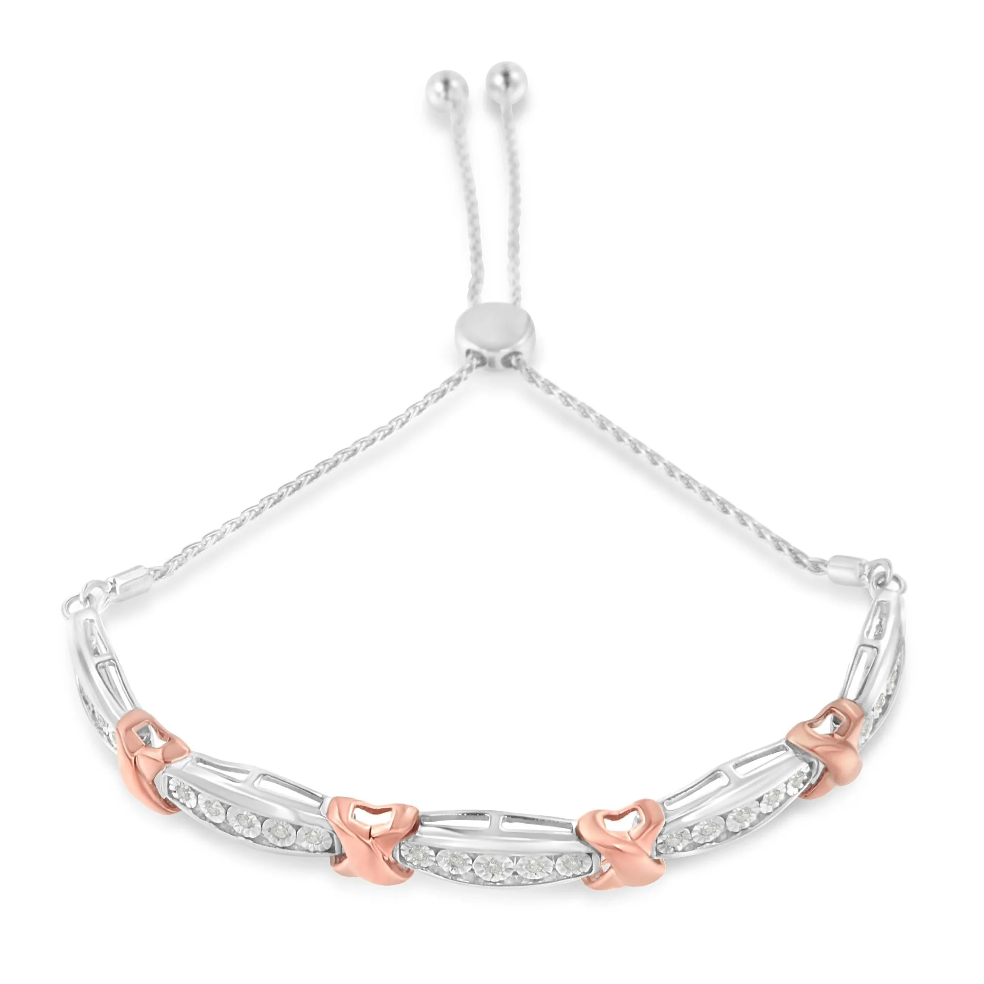 .925 Sterling Silver 1/4 Cttw Round-Cut Diamond X & Tapered Bar Miracle-Set Bolo Bracelet (I-J Color, I3 Clarity) - Two Tone Rose Gold & Silver - Image 2