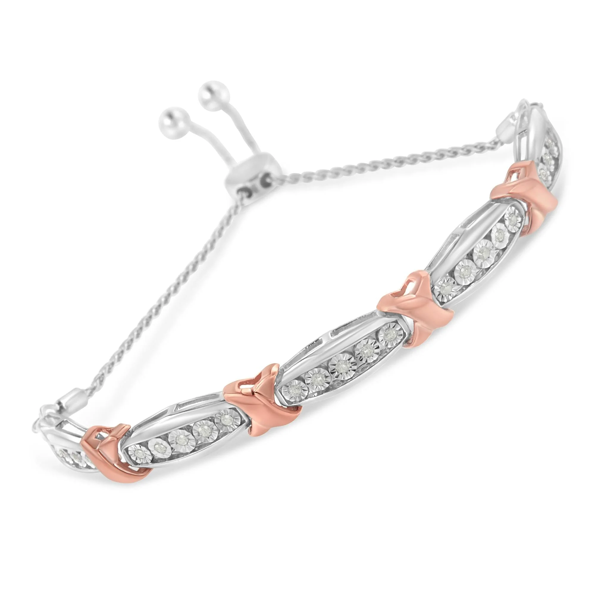 .925 Sterling Silver 1/4 Cttw Round-Cut Diamond X & Tapered Bar Miracle-Set Bolo Bracelet (I-J Color, I3 Clarity) - Two Tone Rose Gold & Silver - Image 5