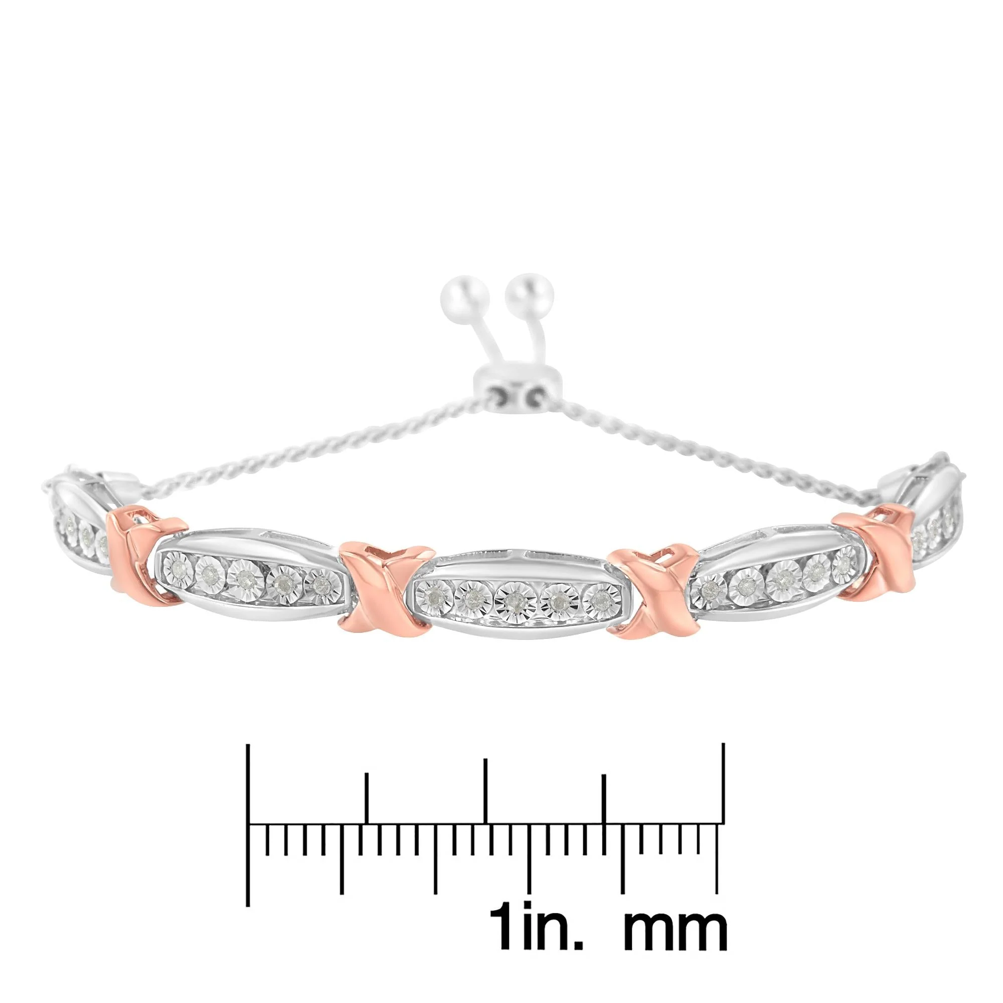 .925 Sterling Silver 1/4 Cttw Round-Cut Diamond X & Tapered Bar Miracle-Set Bolo Bracelet (I-J Color, I3 Clarity) - Two Tone Rose Gold & Silver - Image 6