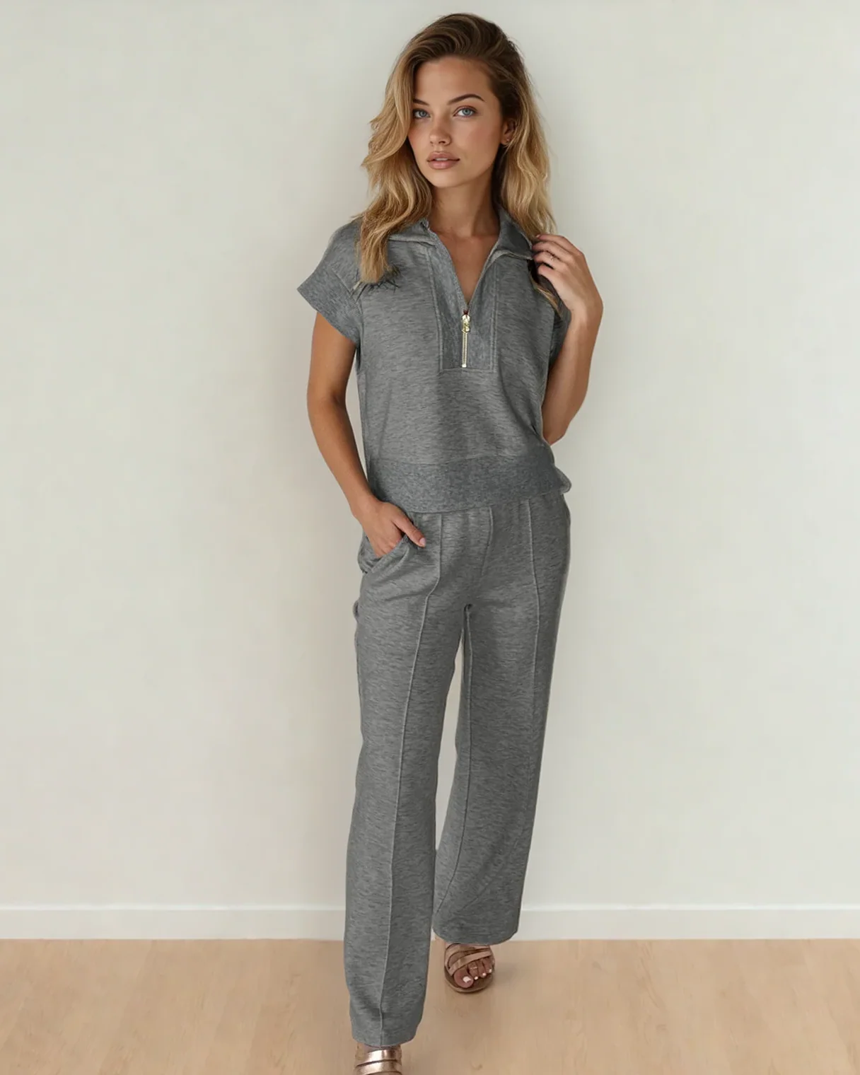 Addyson Half Zip Polo Tee Casual Pant Set - Gray - Image 2