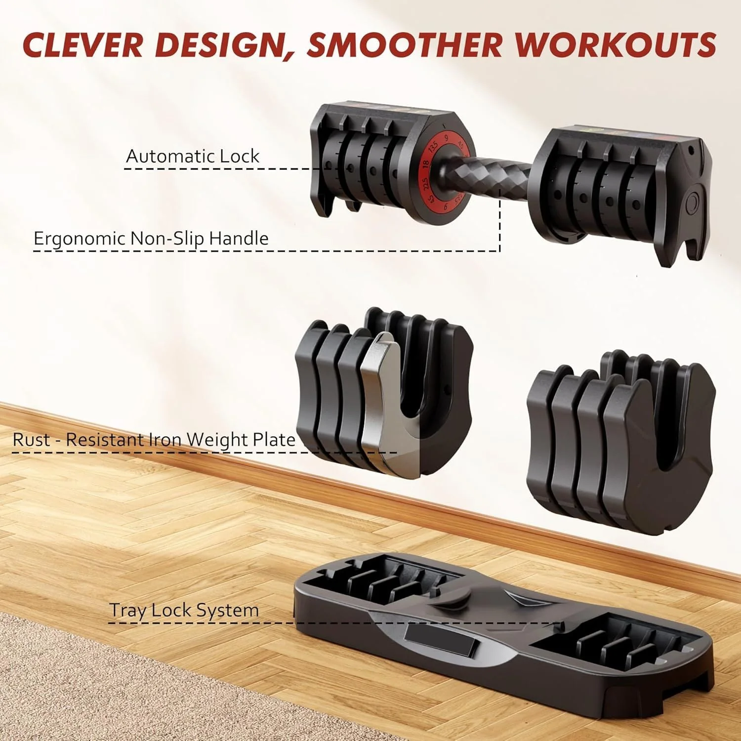 Adjustable Dumbbell Set of 22.5LB Set-1Sec Adjustable Dumbbell Weights-5 in 1 Free Weights Dumbbells Set with Effortless Tray/No-Slip Handle-Compact Size for Women/Men at Home Gym - Image 5