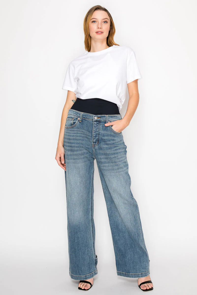 Adjustable Hem Knit Band Wide Leg Jeans - Image 11