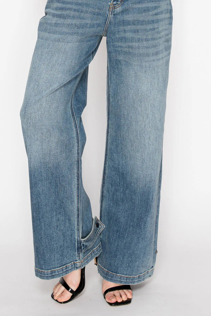 Adjustable Hem Knit Band Wide Leg Jeans - Image 14