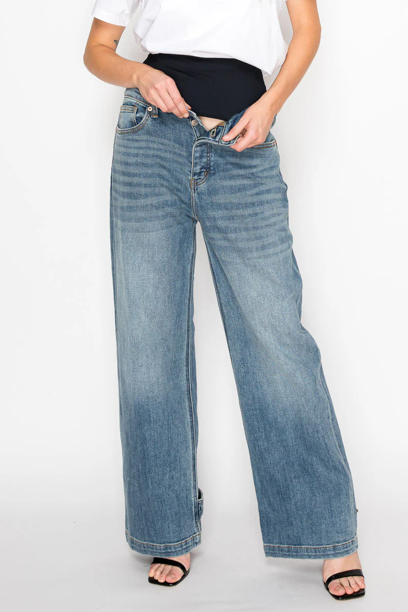 Adjustable Hem Knit Band Wide Leg Jeans - Image 2