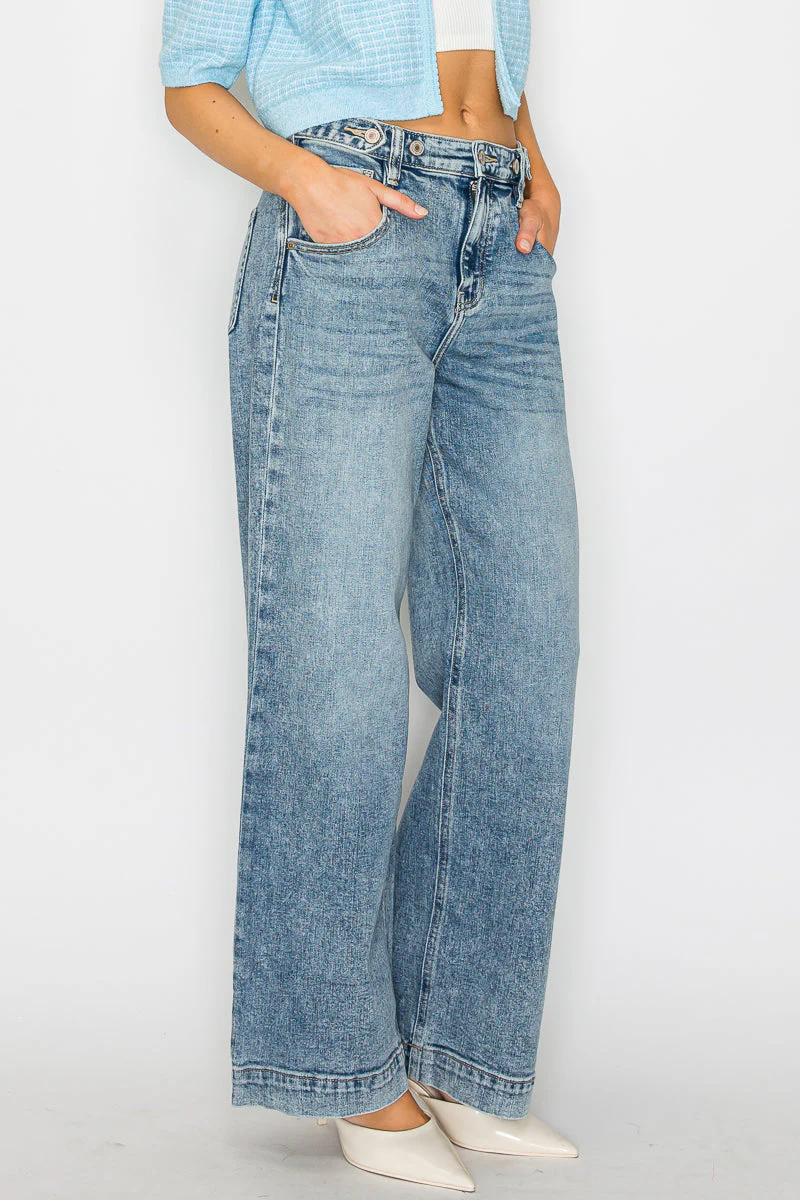 Adjustable Waistband High Rise Baggy Wide Jeans - Image 8