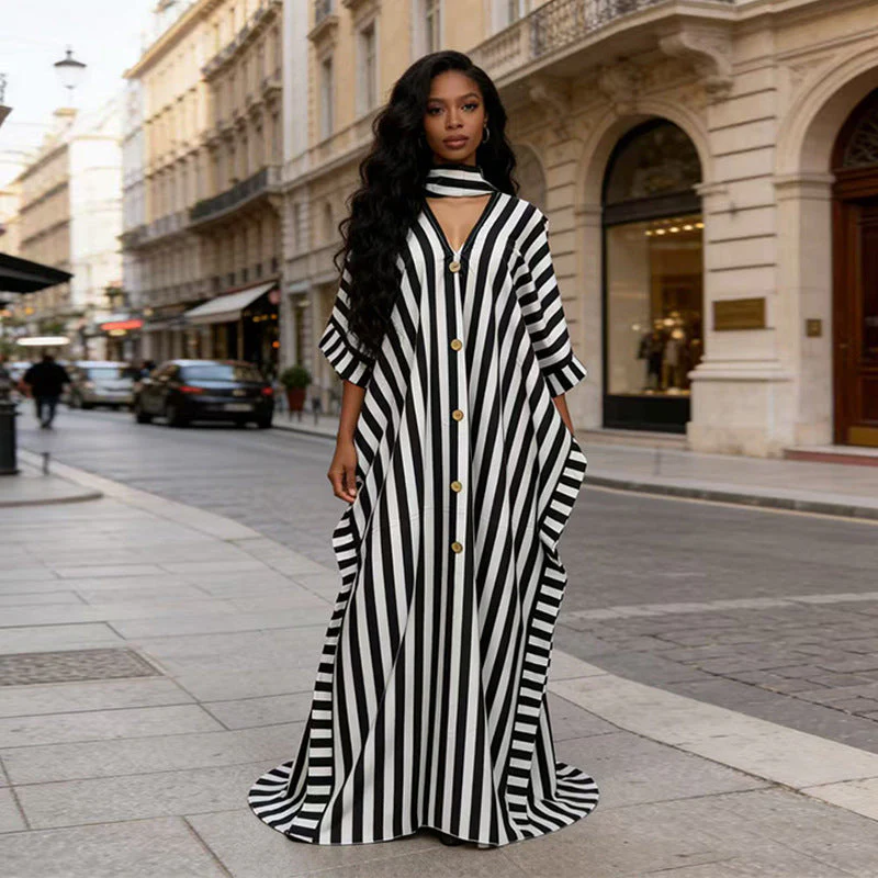 African-Inspired Striped Loose Long Dress | One Size 5 Colors - Image 3