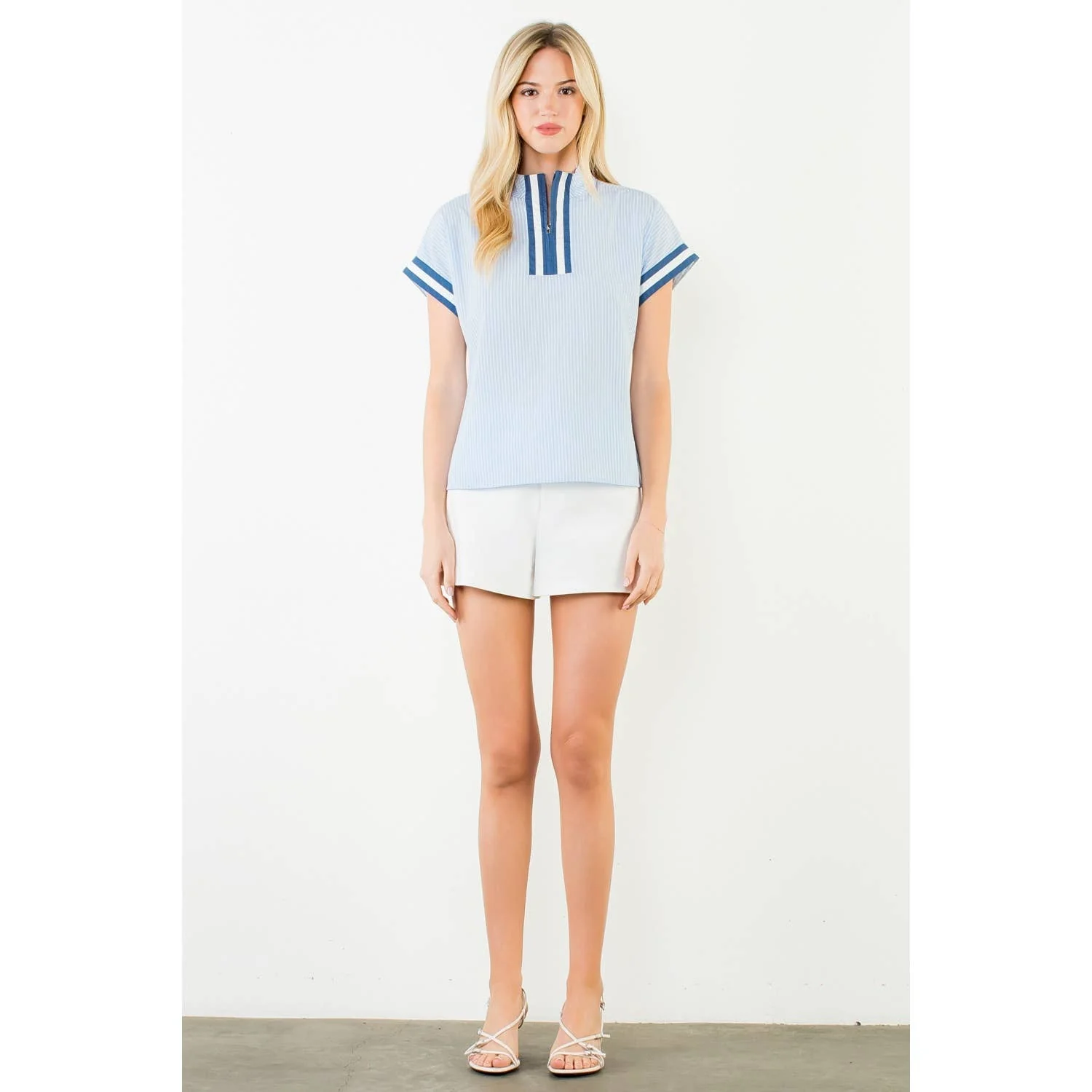 Ally-Short Sleeve Striped Half Zipper Top - Image 3