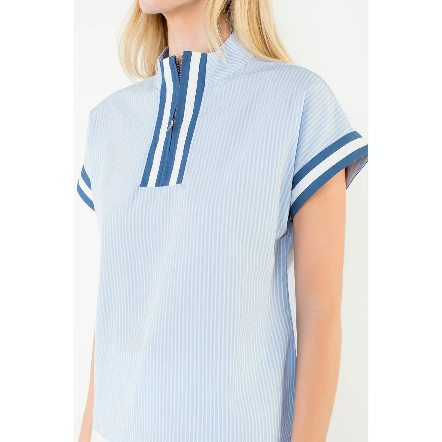 Ally-Short Sleeve Striped Half Zipper Top - Image 4