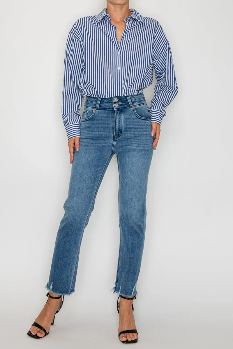 Altitude Heights Corset Double Waistband Straight Frayed Hem Jeans - Image 2