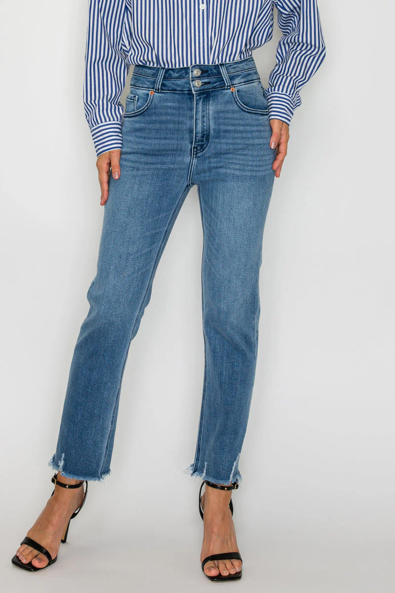 Altitude Heights Corset Double Waistband Straight Frayed Hem Jeans - Image 6