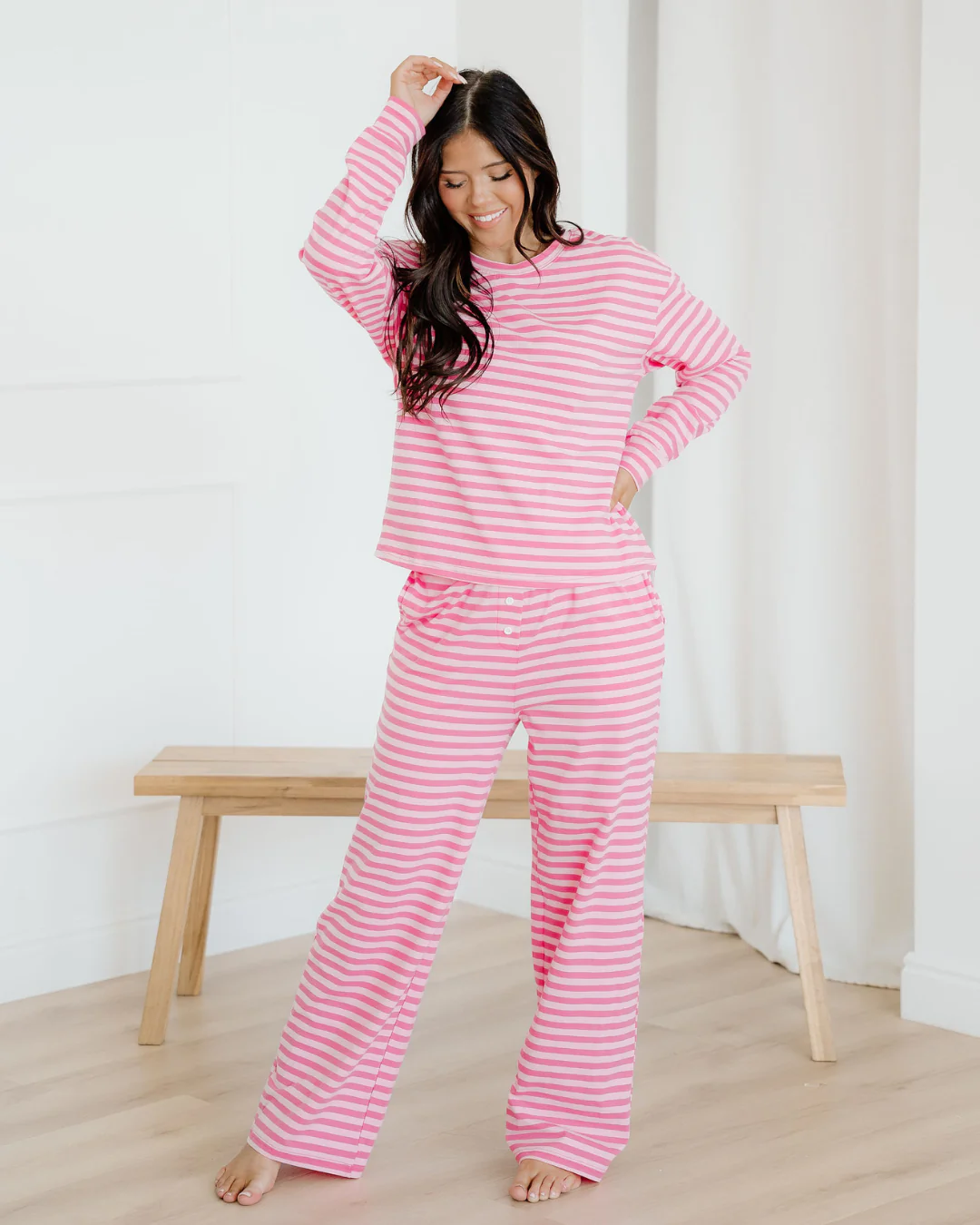 Amayah Stripe Drop Shoulder Round Neck Top and Buttoned Straight Pants Two Piece Set - Image 2