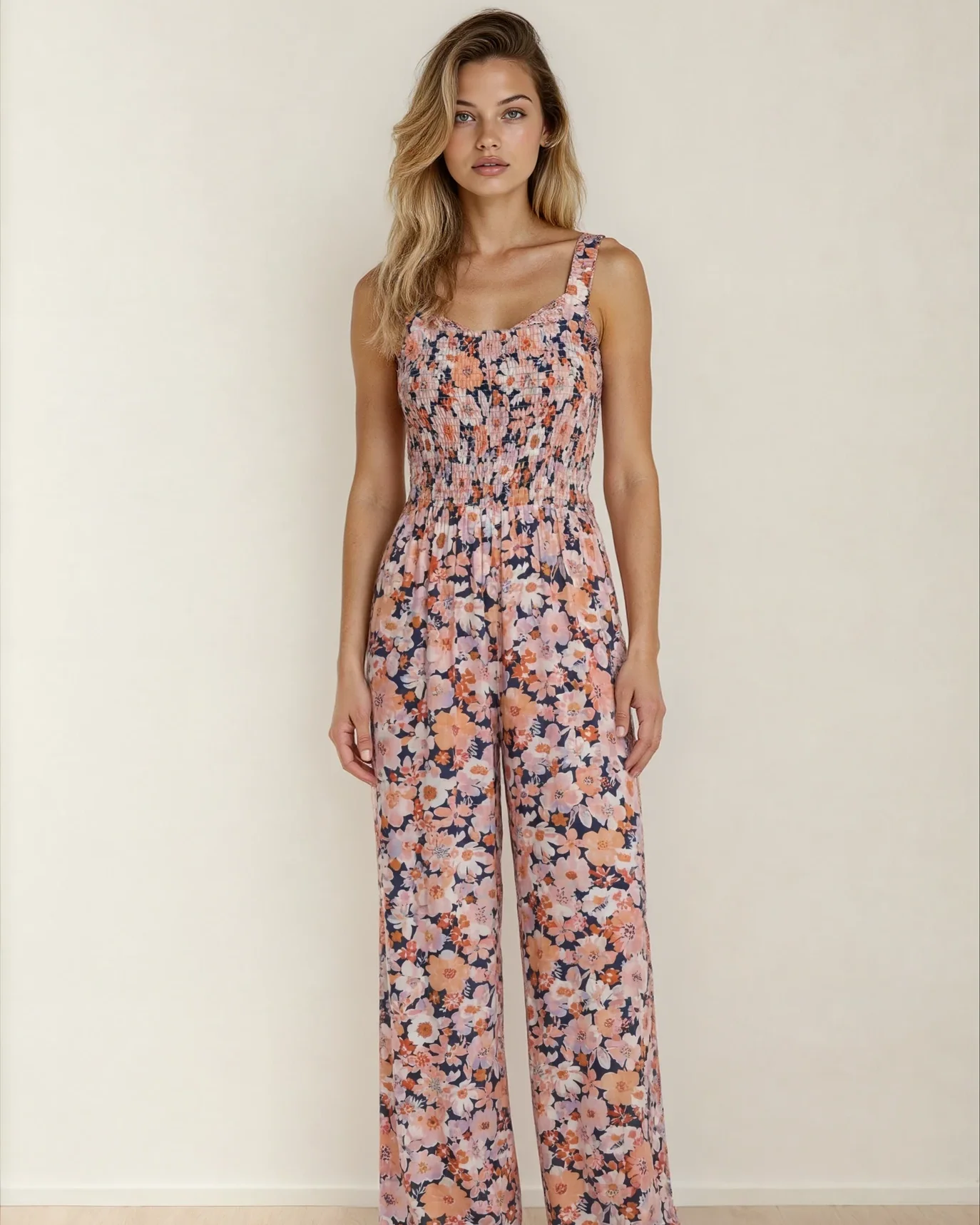 Angelica Square Neckline Stretch High Waist Jumpsuit - Pink Floral - Image 2