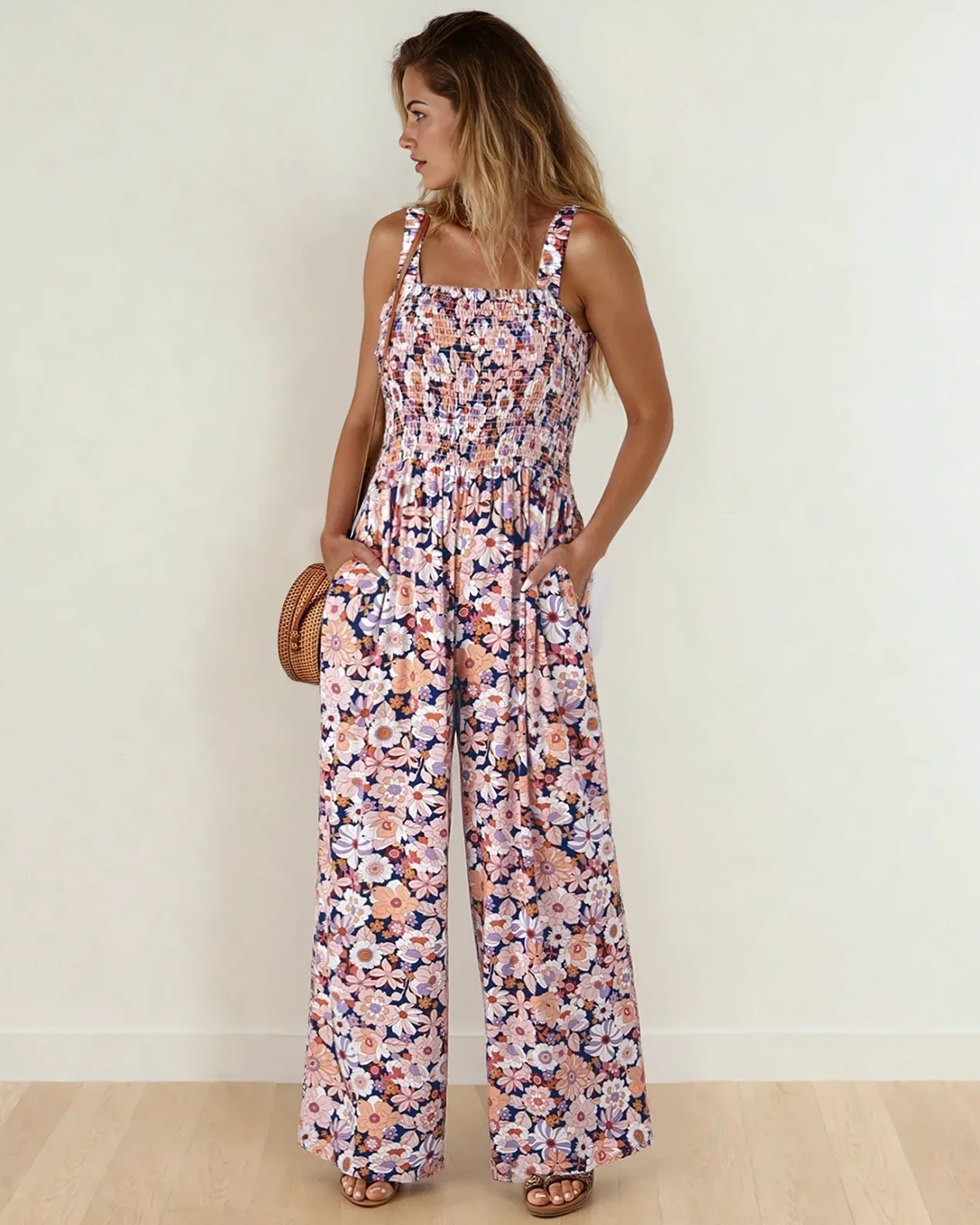 Angelica Square Neckline Stretch High Waist Jumpsuit - Pink Floral - Image 5