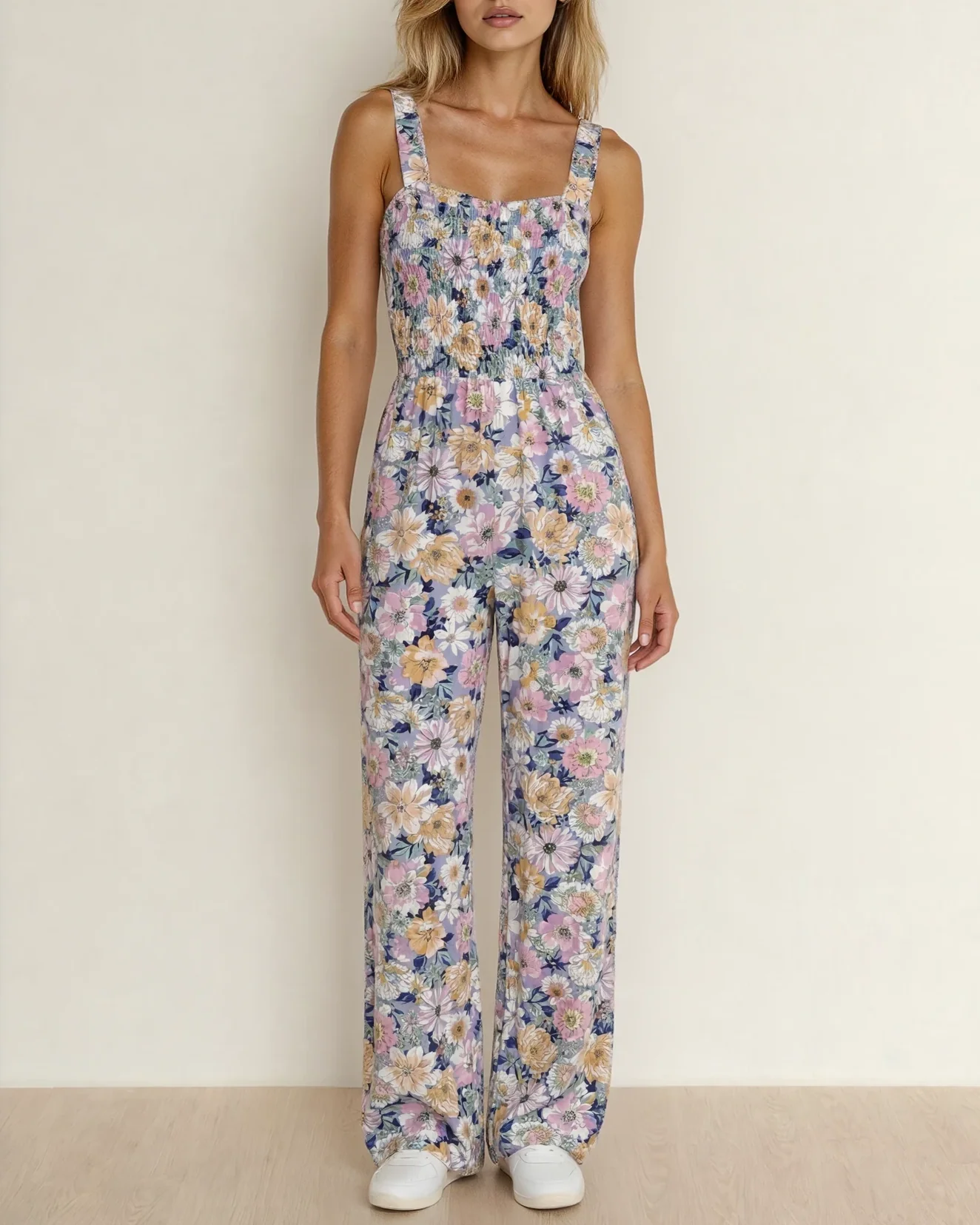Angelica Square Neckline Stretch High Waist Jumpsuit - Purple Floral - Image 2