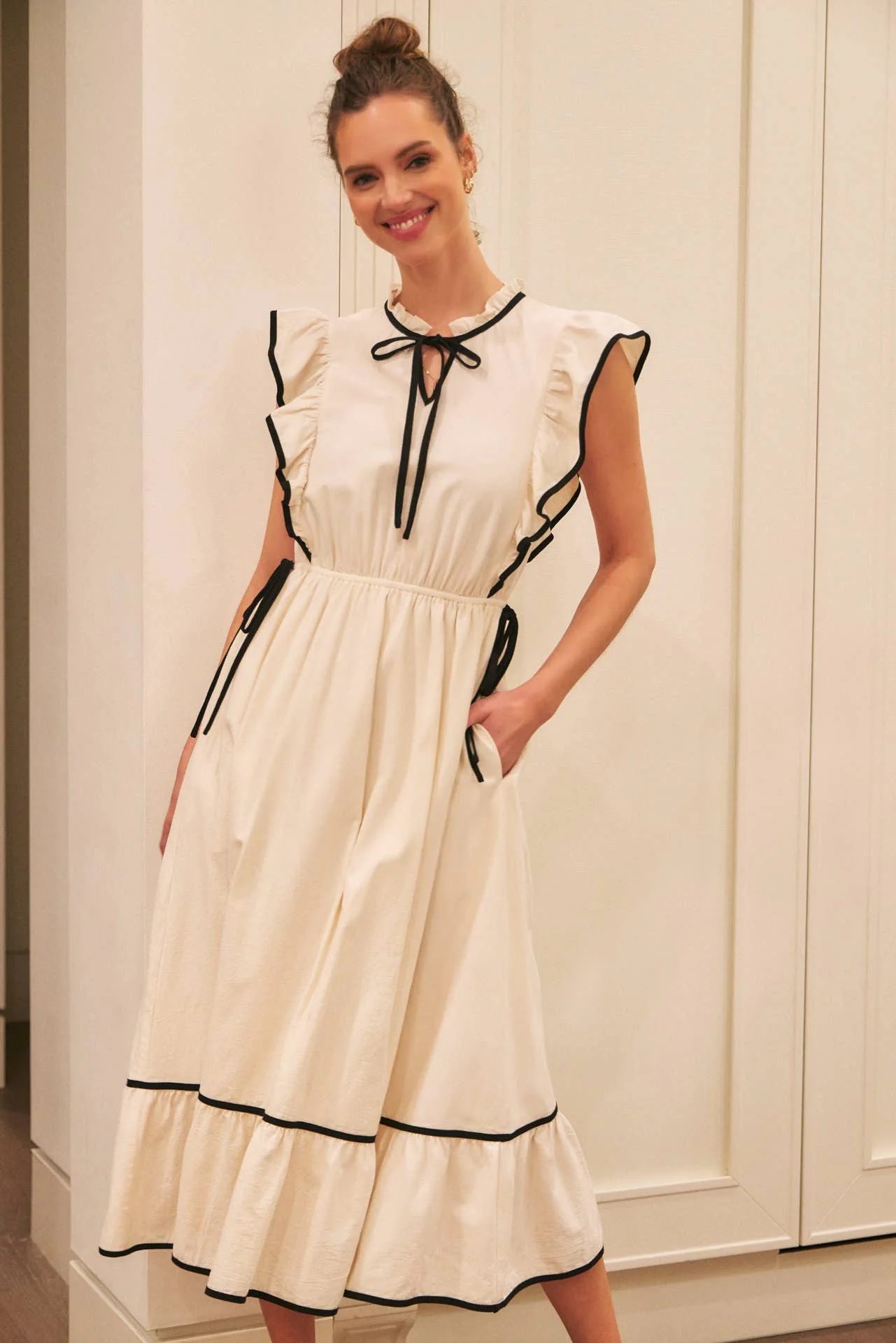 Annie- Cotton Gauze Midi Dress With Ruffles and Contrast Binding - Image 14