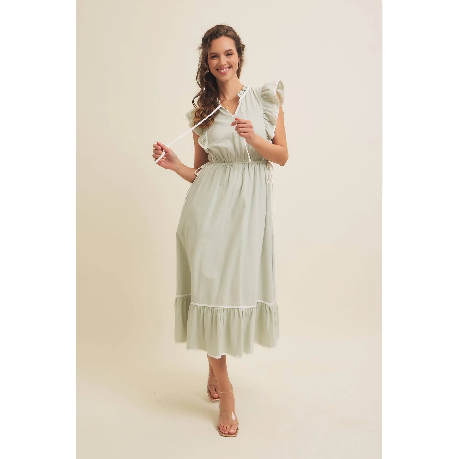 Annie- Cotton Gauze Midi Dress With Ruffles and Contrast Binding - Image 6