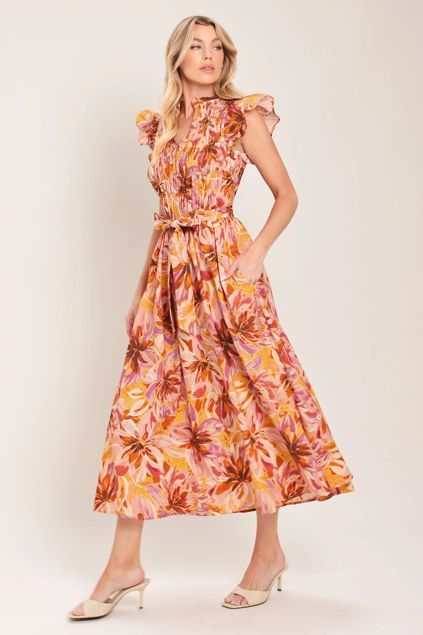 Apricot Blossom Woven Midi Dress - Image 6