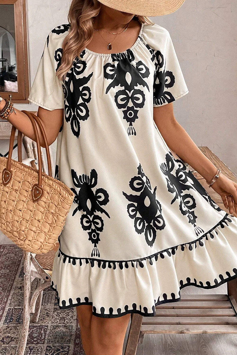 Apricot Ethnic Print Ruffle Hem Loose Mini Dress - Image 6