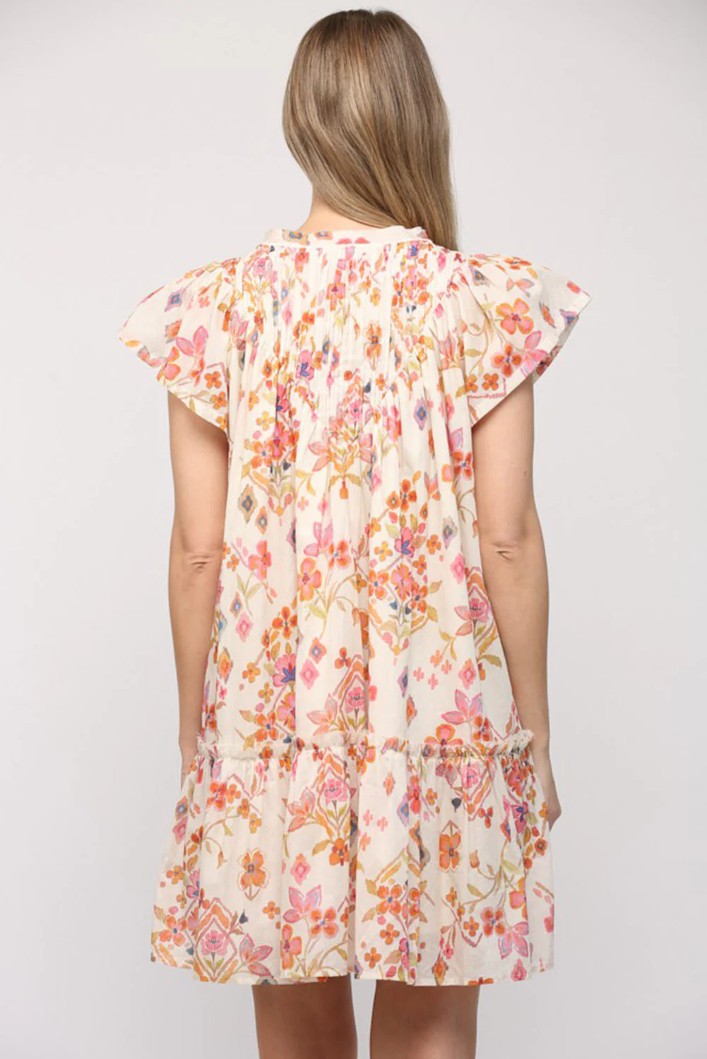 Apricot Floral Geometric Print Ruffled Trim Flutter Sleeve Mini Dress - Image 8