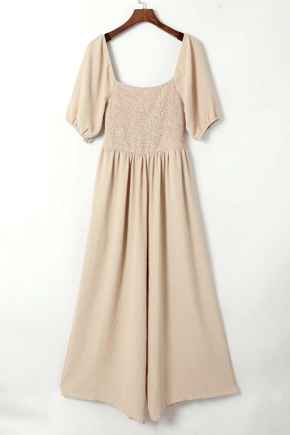 Apricot Short Bubble Sleeve Smocked Wide Leg Jumpsuit - Image 5