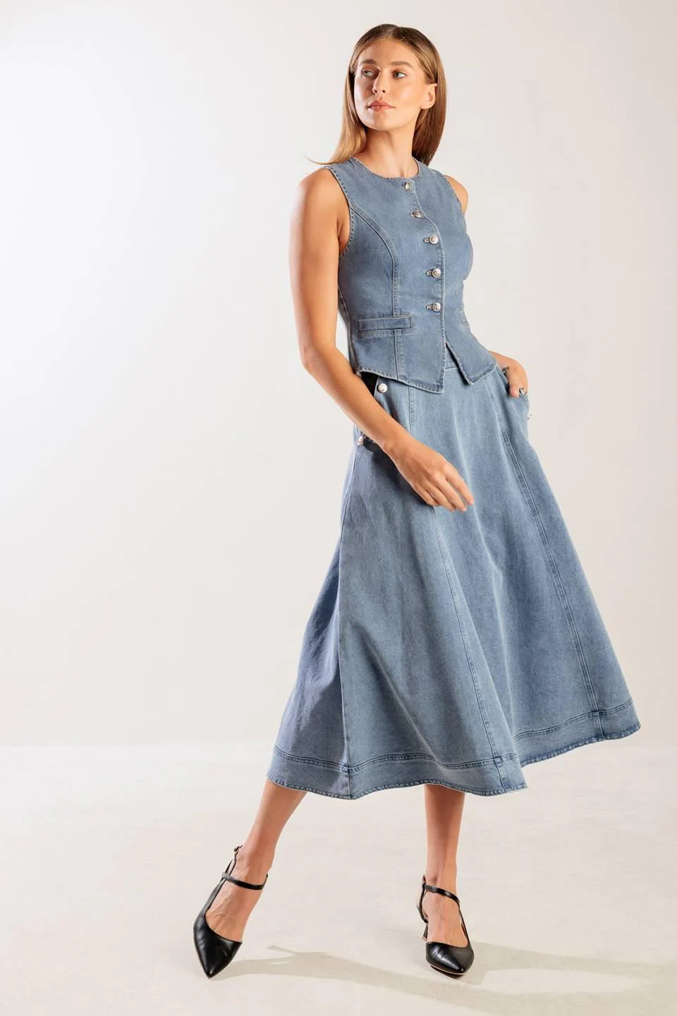 At First Glance Denim Midi Skirt - Image 3