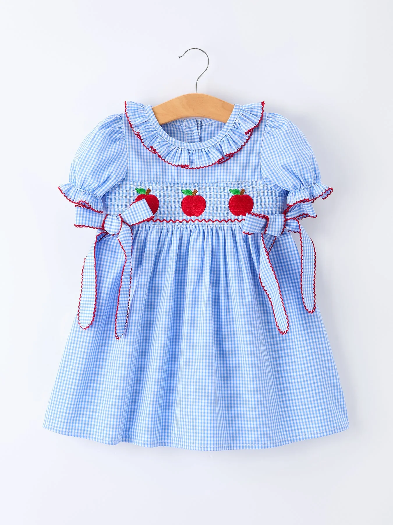 Back To School Apple Plaid Girls Dress Smocked Puff Sleeve Bow