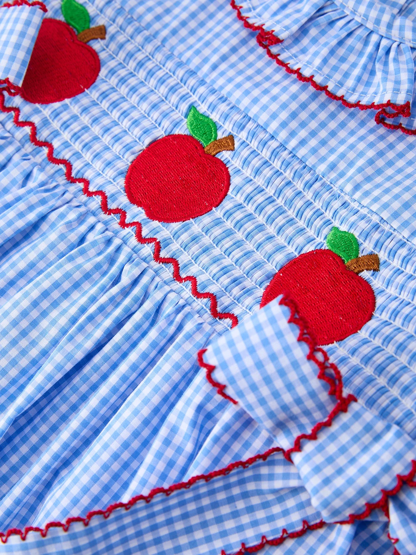 Back To School Apple Plaid Girls Dress Smocked Puff Sleeve Bow - Image 4