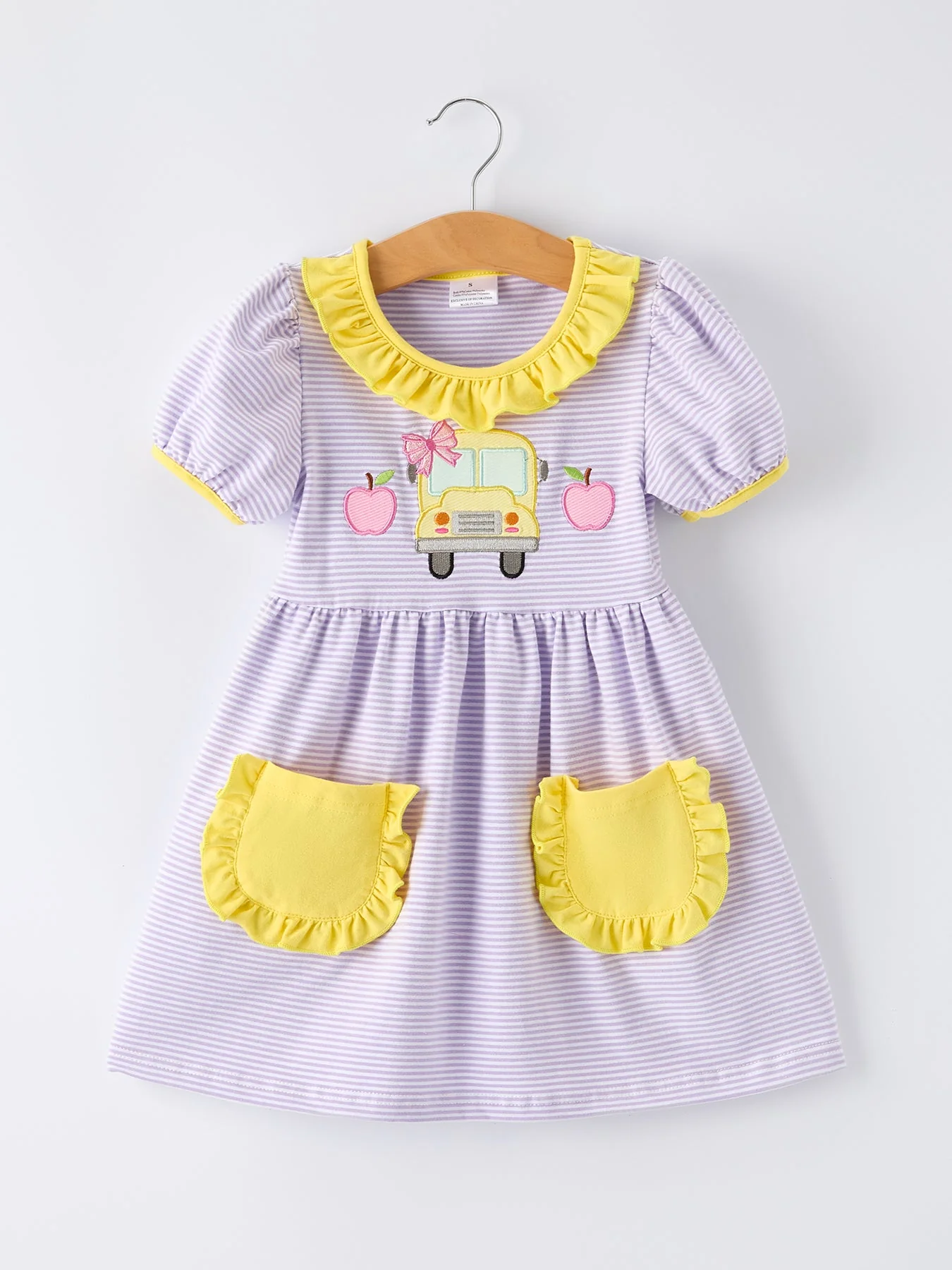 Back to School Bus Applique Ruffle Pocket Girls Dress