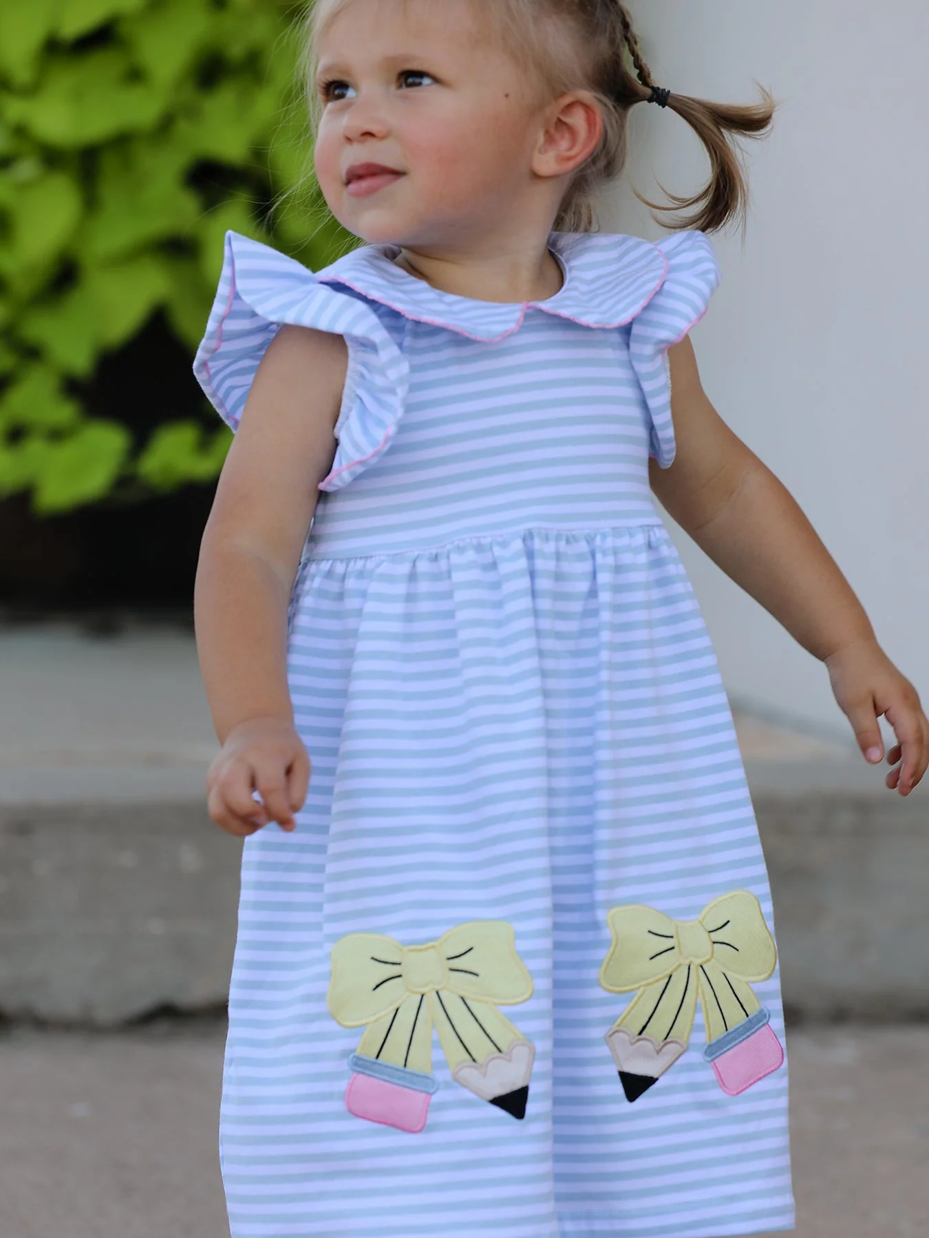 Back To School Girls Stripe Pencil Applique Bow Dress - Image 2