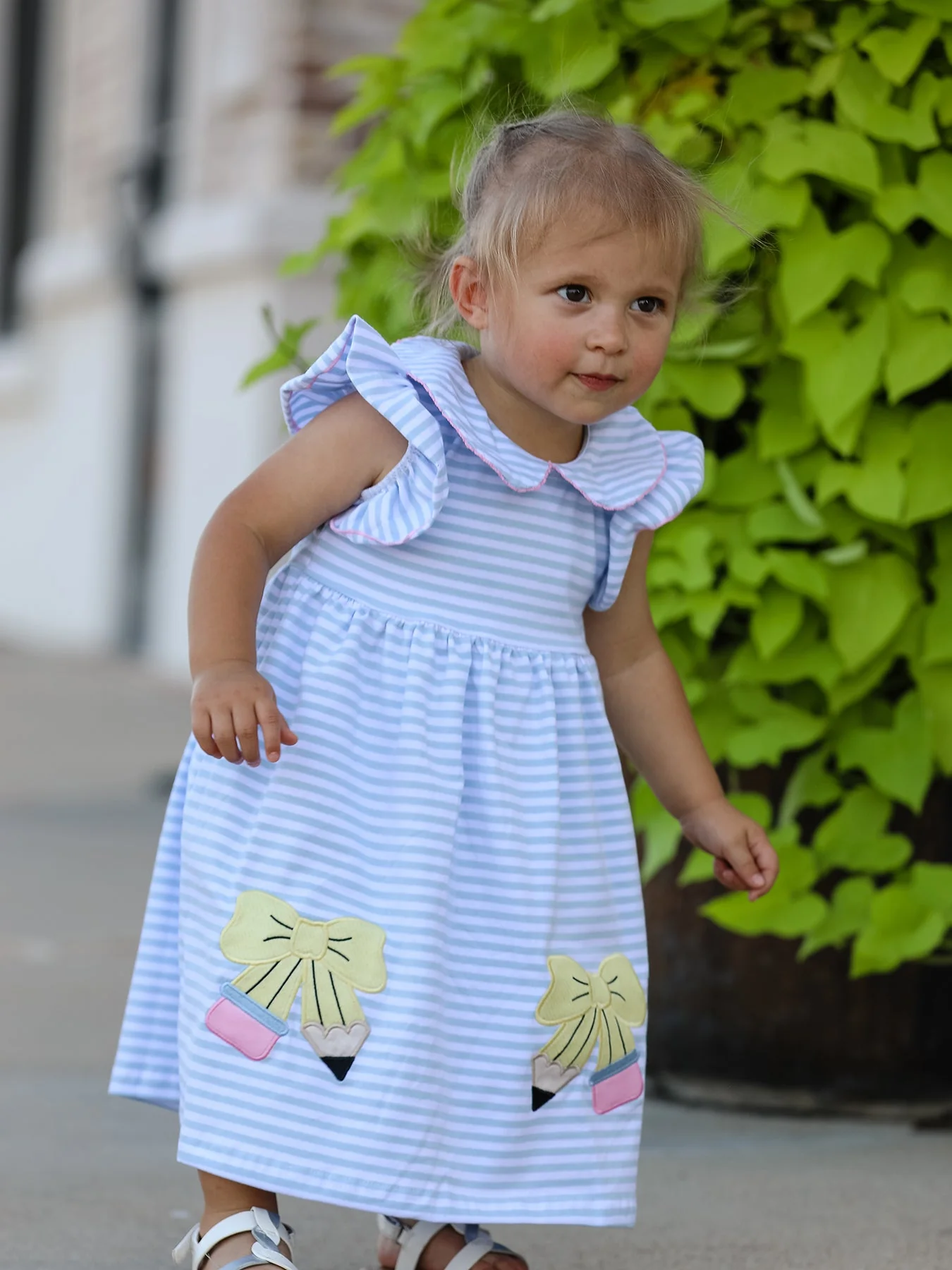 Back To School Girls Stripe Pencil Applique Bow Dress - Image 4