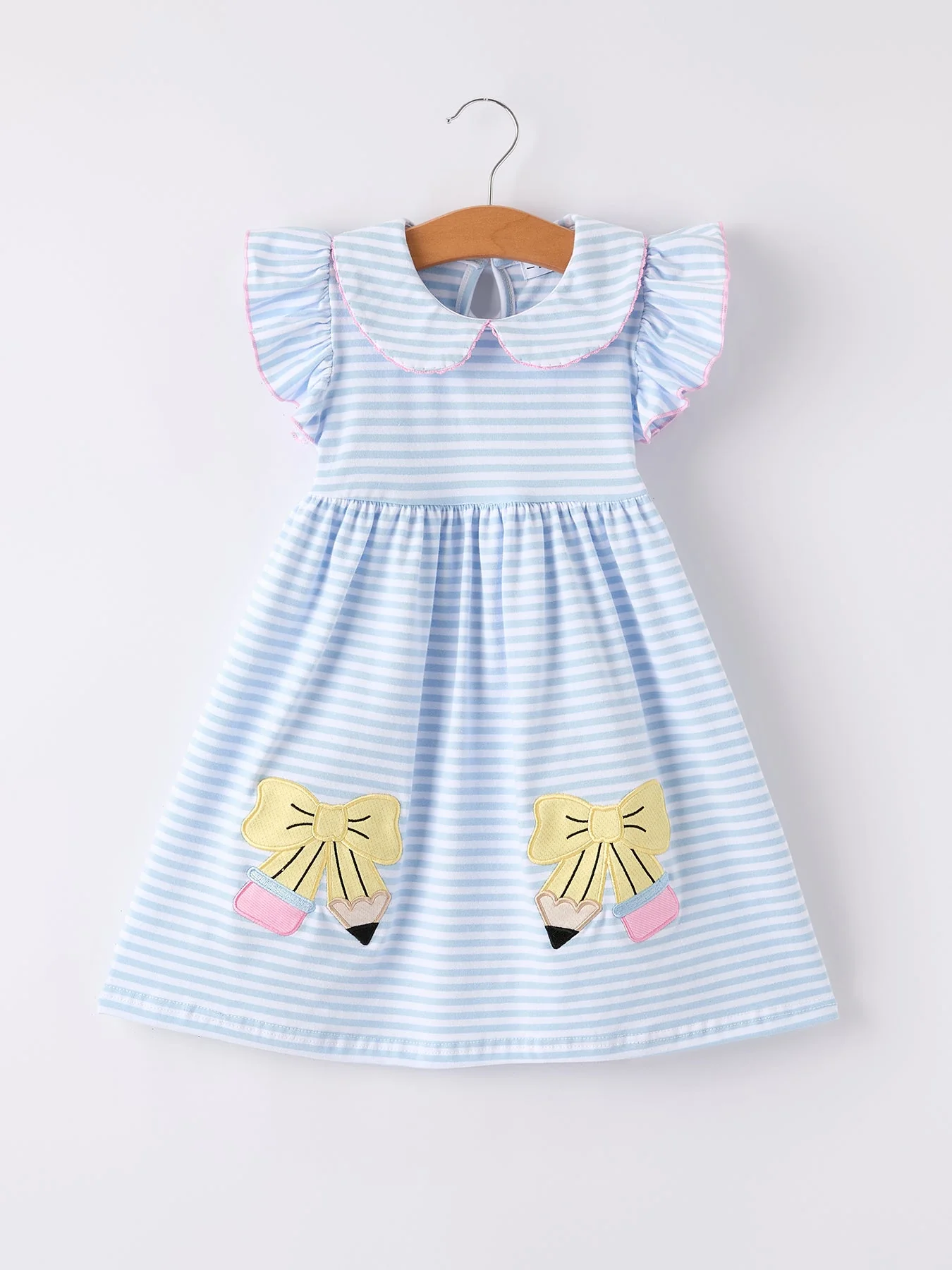 Back To School Girls Stripe Pencil Applique Bow Dress - Image 7