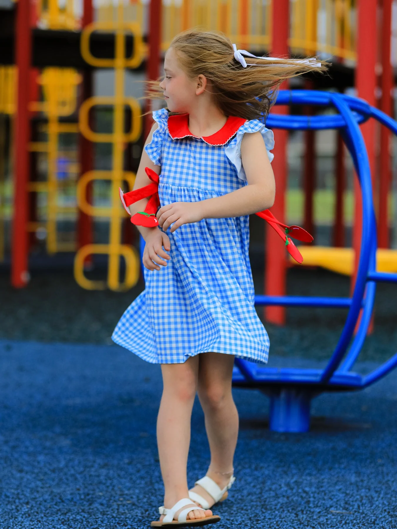 Back To School Girls Striped lapels Apple Bow Dress - Image 4