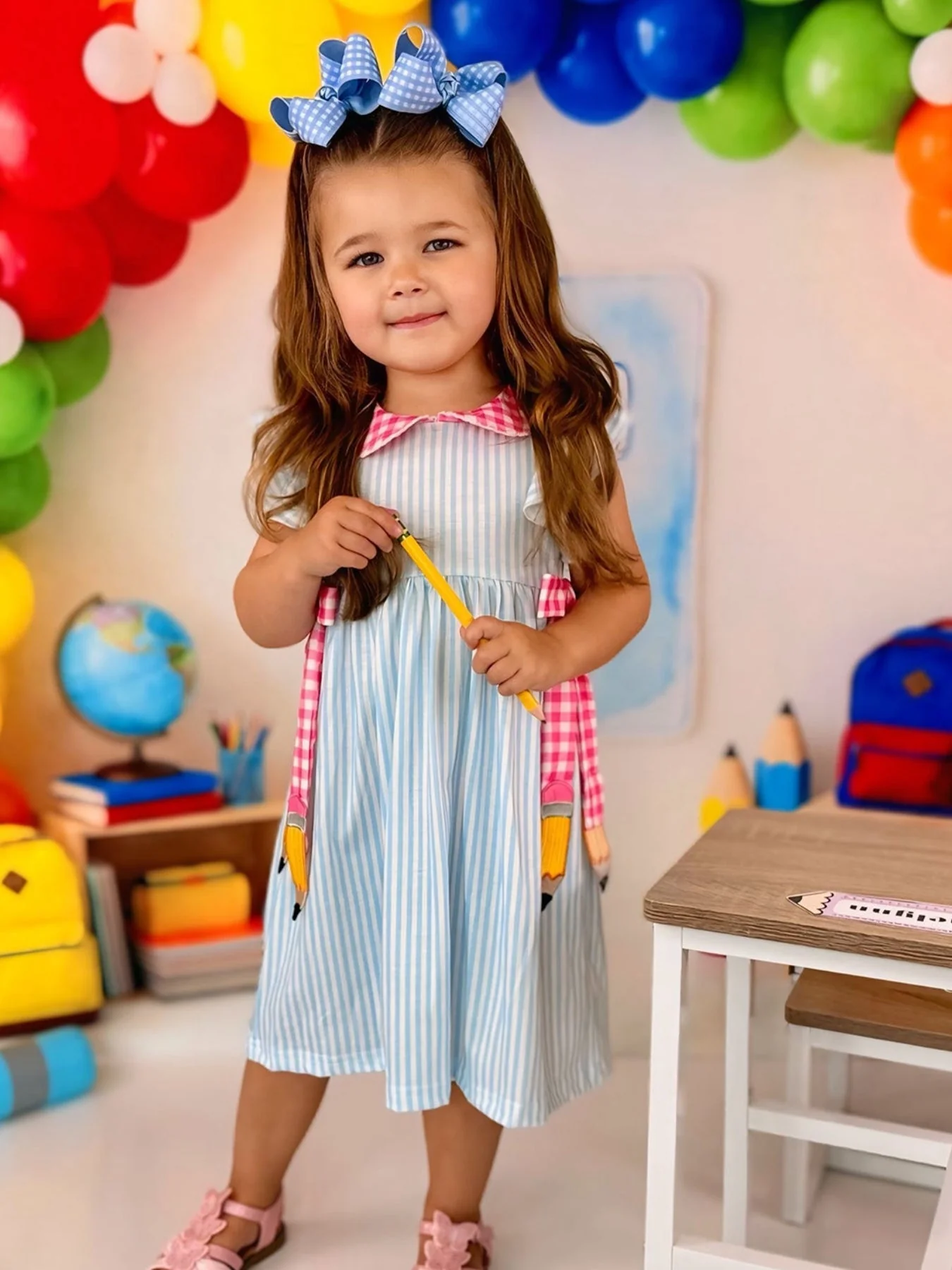 Back To School Girls Striped lapels Bow Dress - Image 11