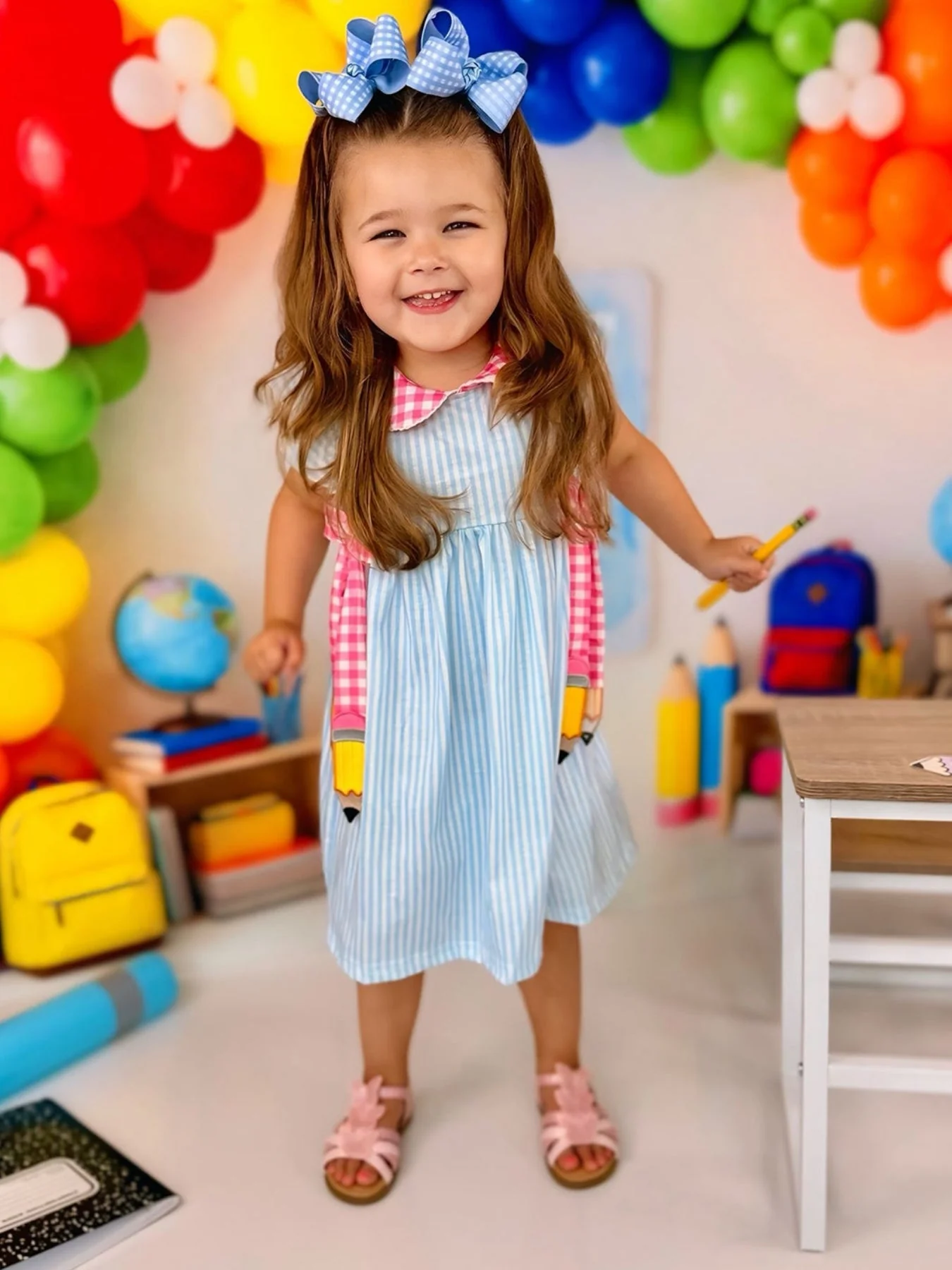 Back To School Girls Striped lapels Bow Dress - Image 12