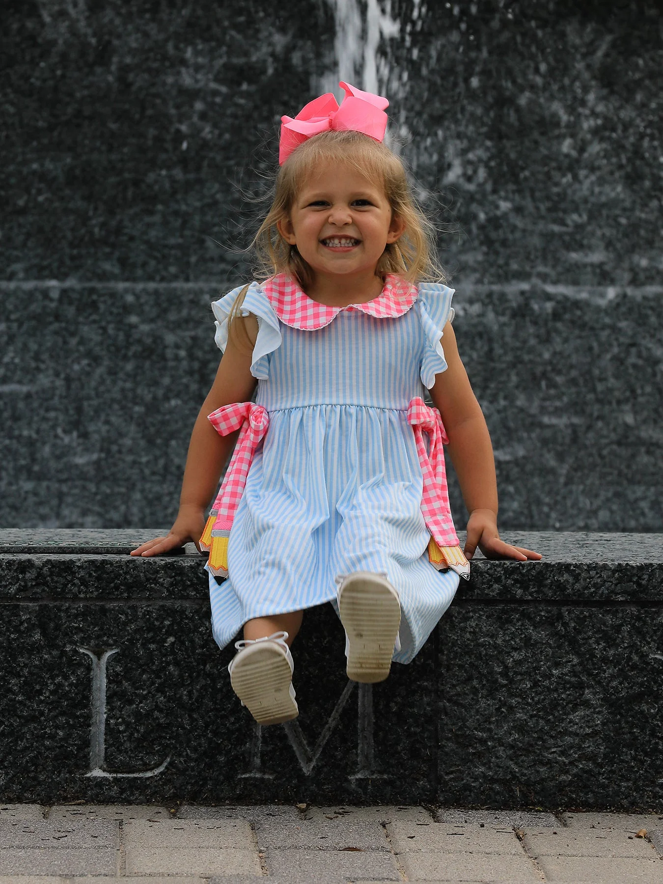 Back To School Girls Striped lapels Bow Dress - Image 4
