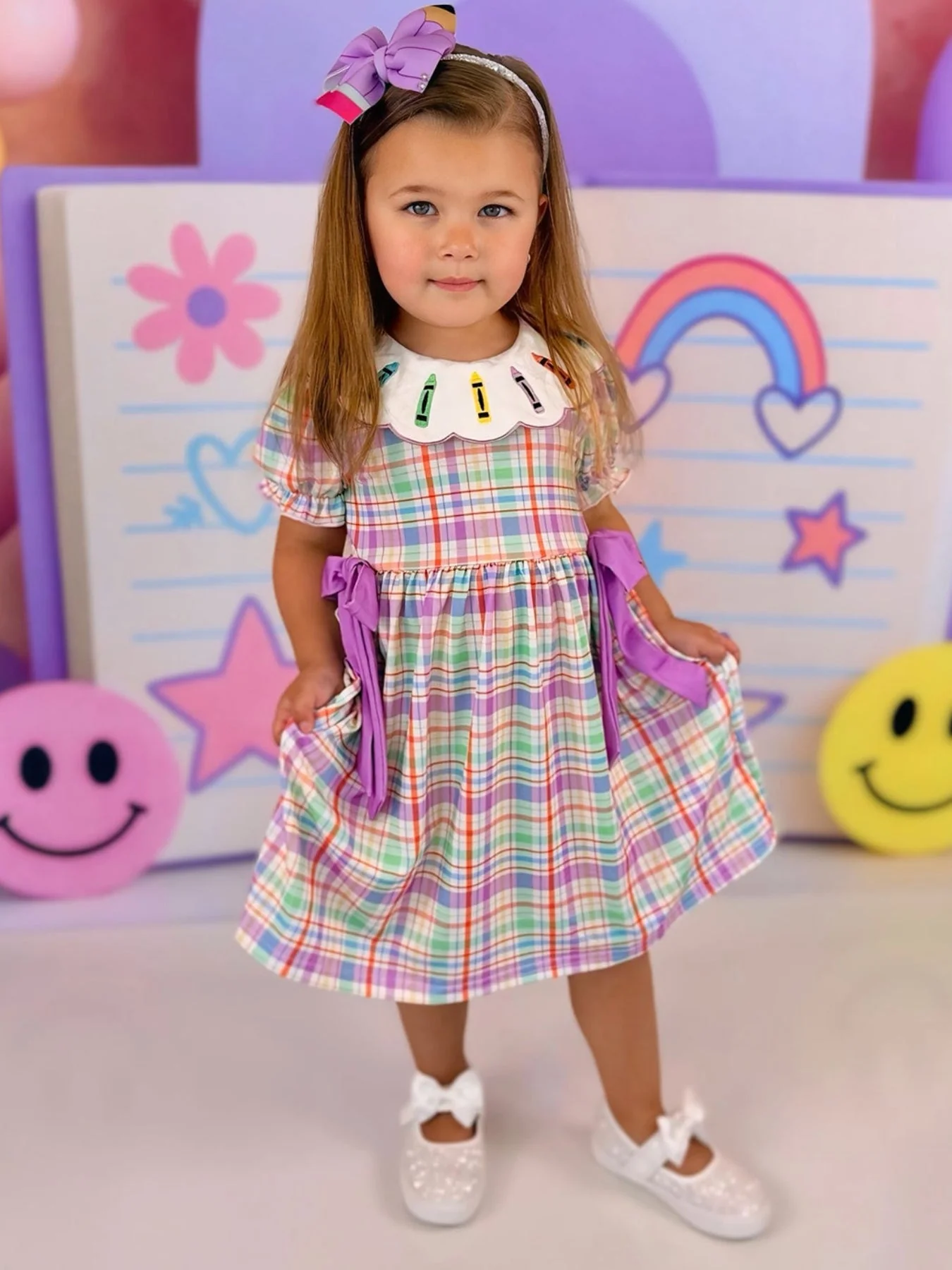 Back To School Plaid Crayon Embroidery Girls Dress Bow Puff Sleeve - Image 2