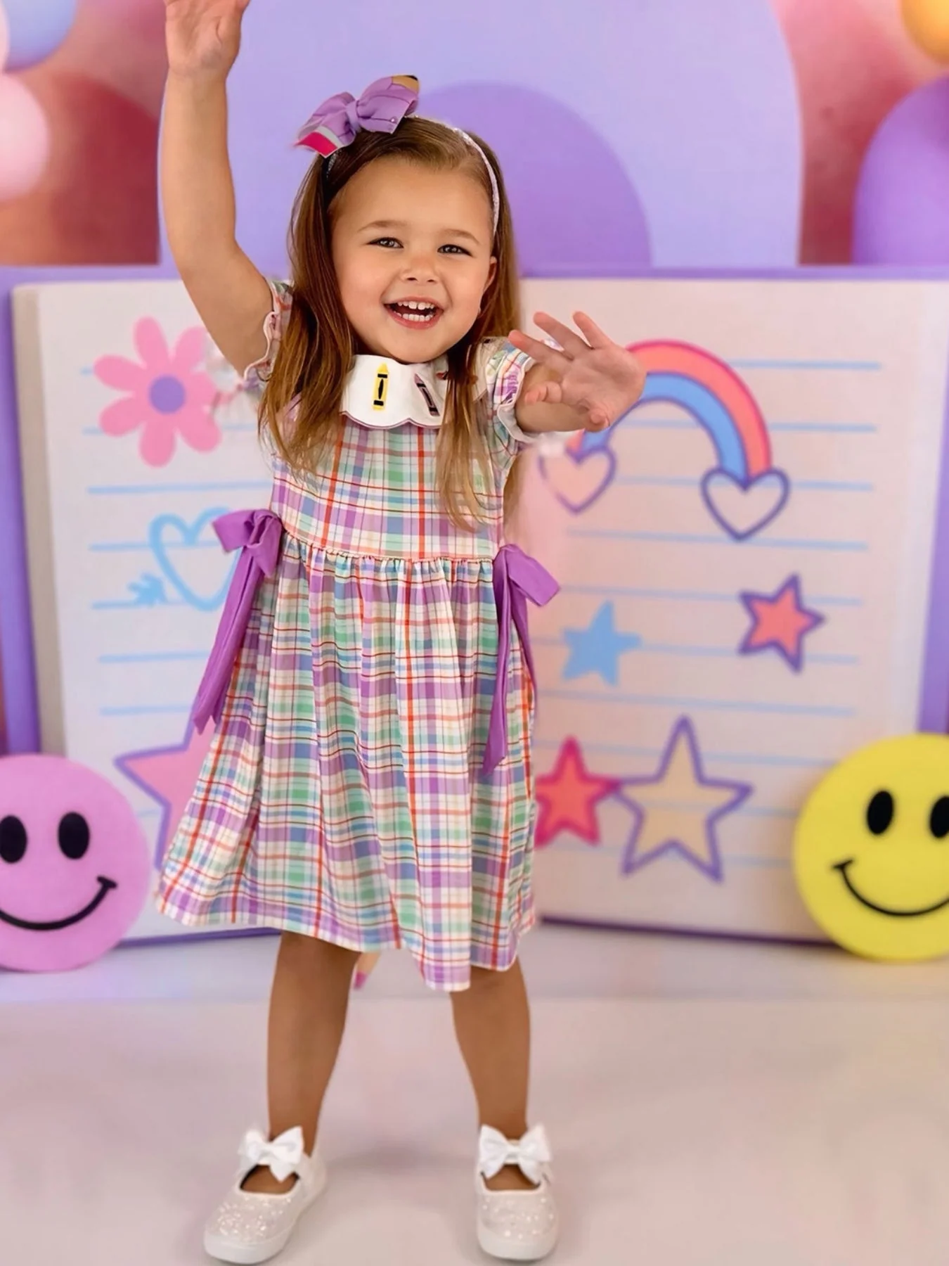 Back To School Plaid Crayon Embroidery Girls Dress Bow Puff Sleeve - Image 4