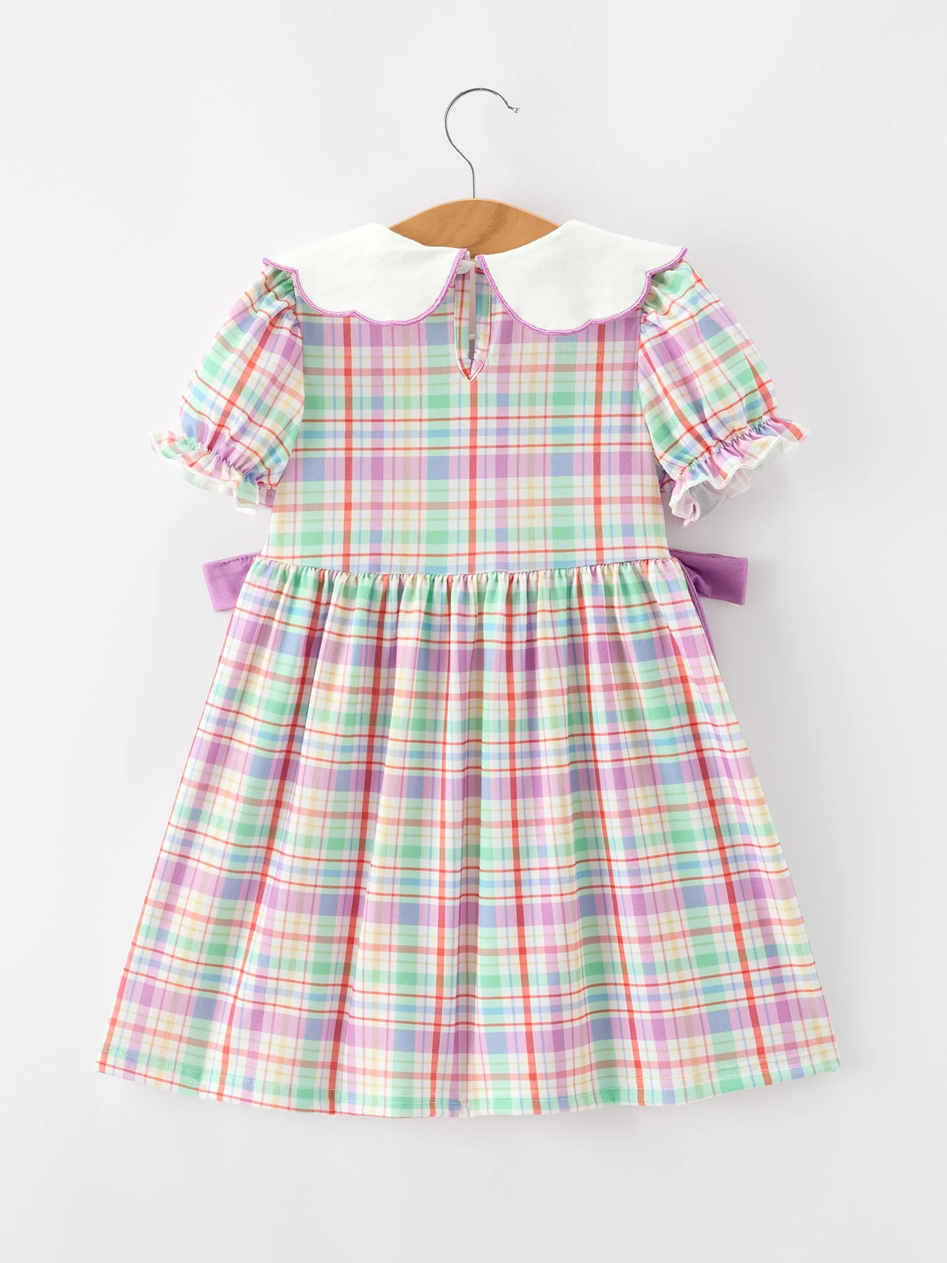 Back To School Plaid Crayon Embroidery Girls Dress Bow Puff Sleeve - Image 7