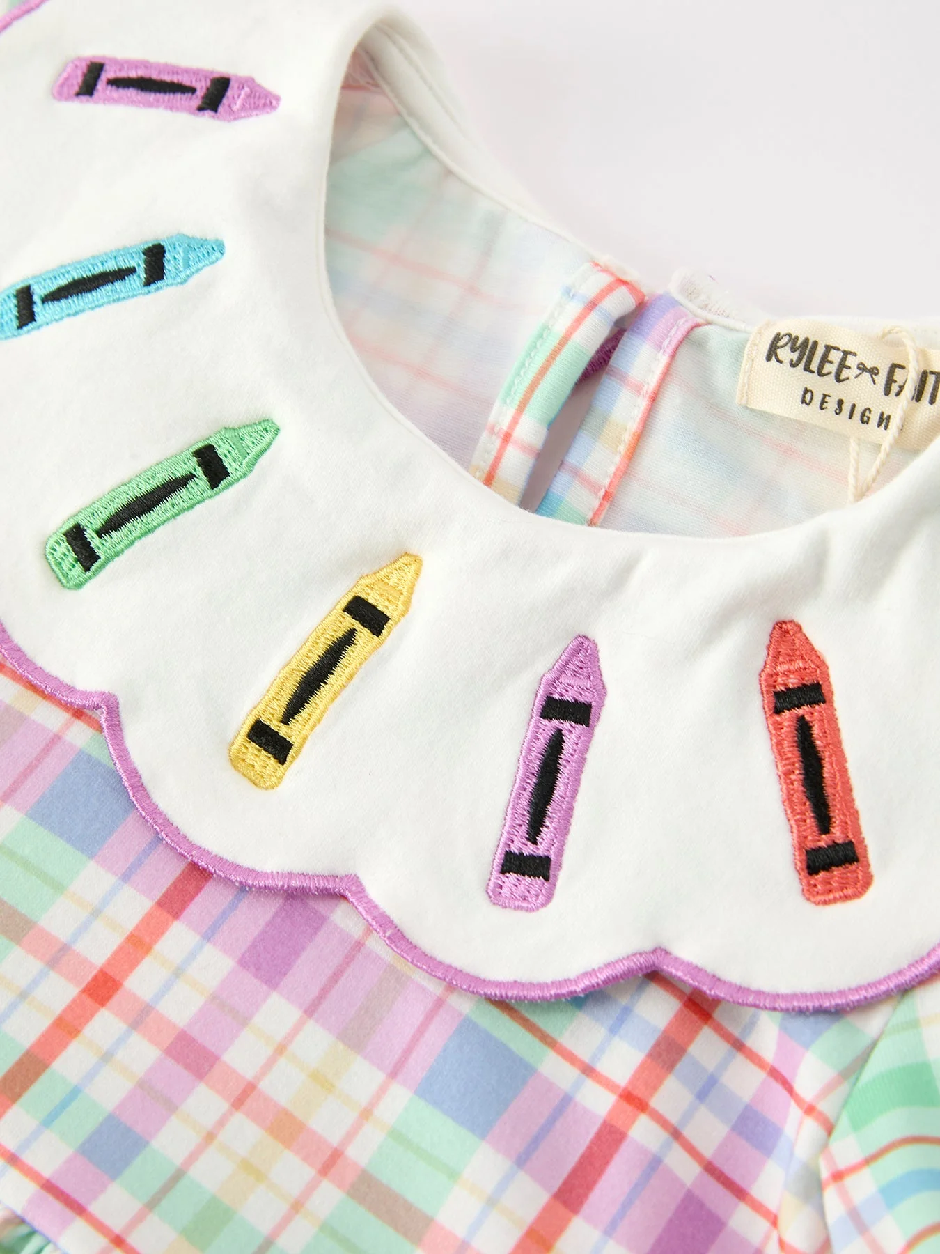 Back To School Plaid Crayon Embroidery Girls Dress Bow Puff Sleeve - Image 8