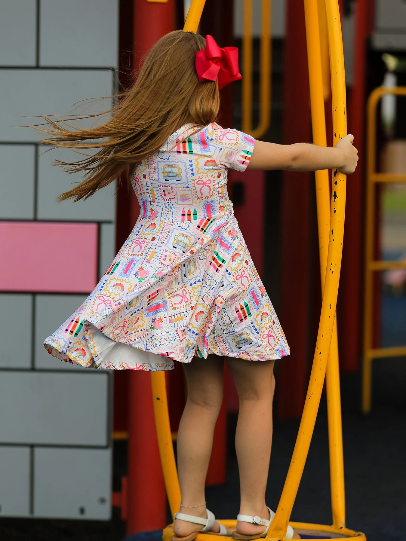 Back to School Rainbow Print Girls Dress Short Sleeve - Image 3